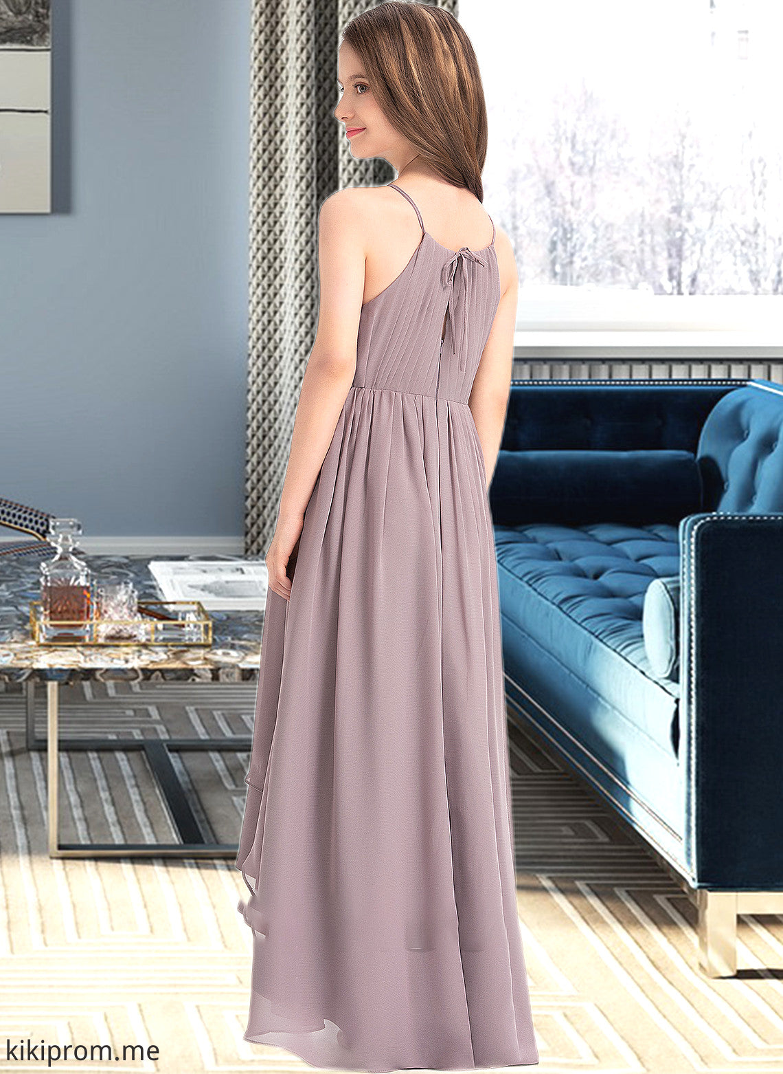 Ariel A-Line Scoop Neck Asymmetrical Chiffon Junior Bridesmaid Dress With Ruffle Bow(s) STFP0013326