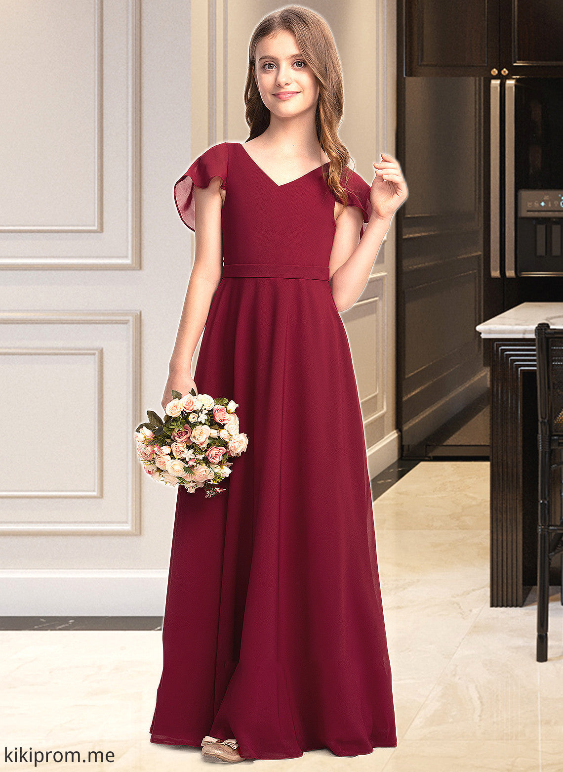 Frances A-Line V-neck Floor-Length Chiffon Junior Bridesmaid Dress With Cascading Ruffles STFP0013327