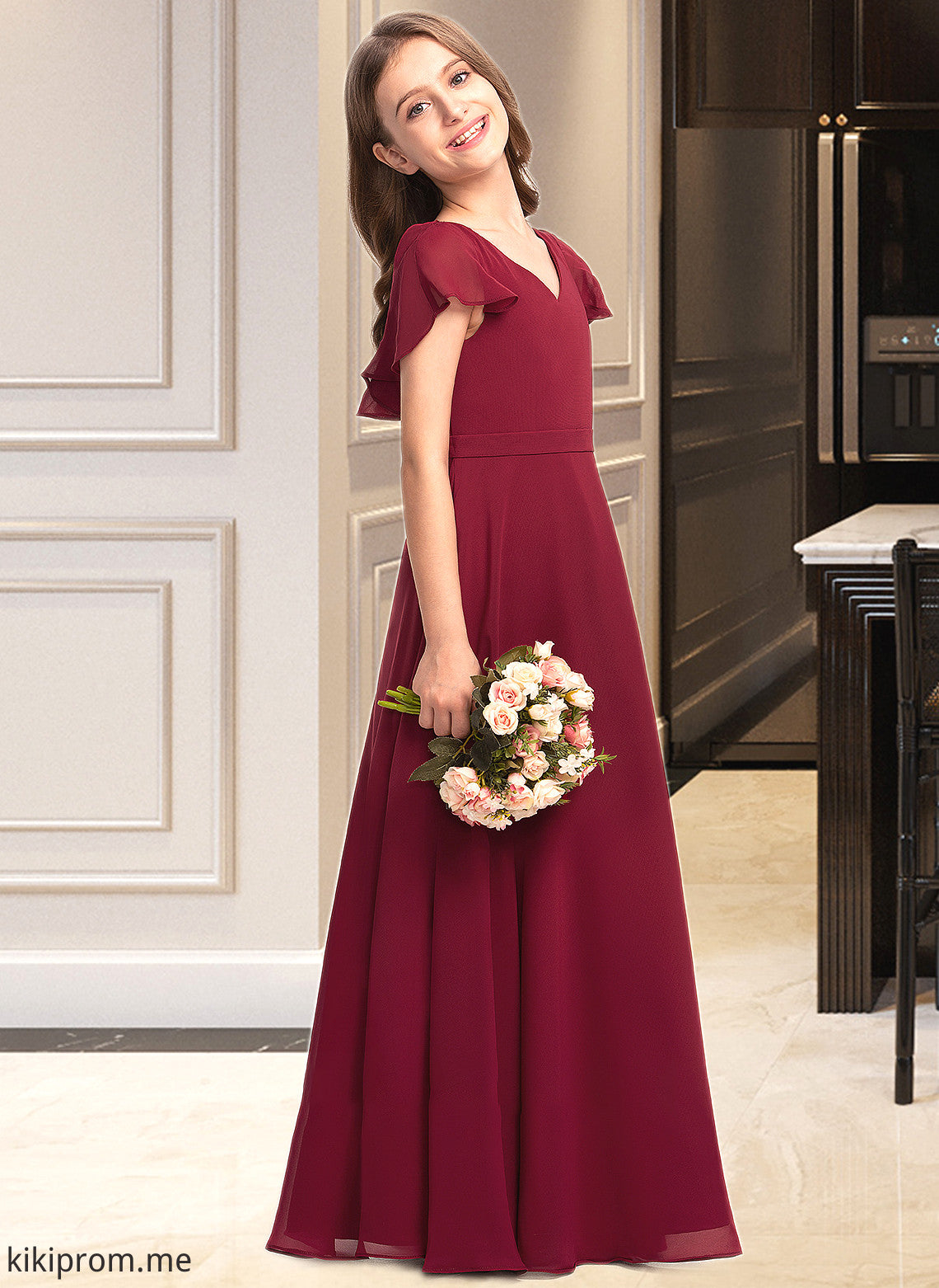 Frances A-Line V-neck Floor-Length Chiffon Junior Bridesmaid Dress With Cascading Ruffles STFP0013327