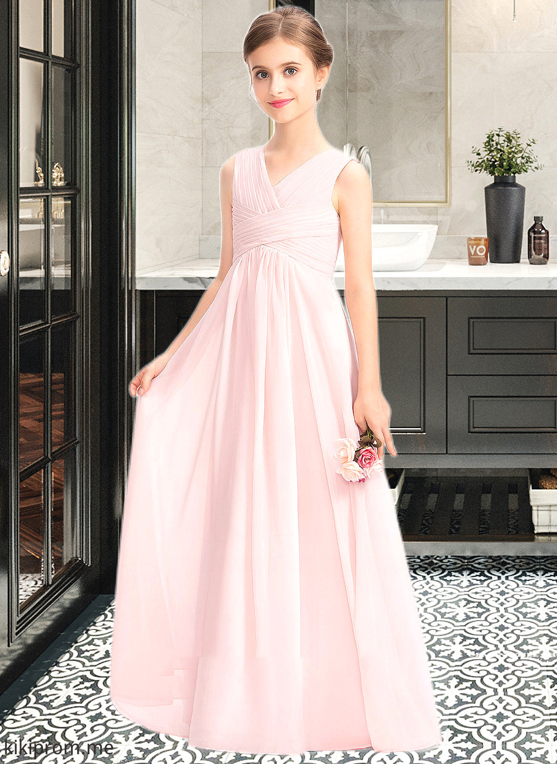 Kim A-Line V-neck Floor-Length Chiffon Junior Bridesmaid Dress With Ruffle STFP0013328