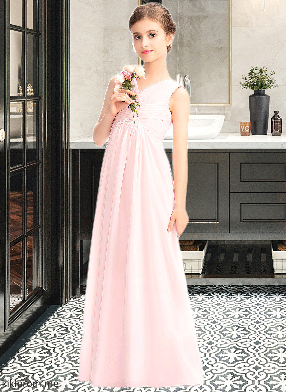 Kim A-Line V-neck Floor-Length Chiffon Junior Bridesmaid Dress With Ruffle STFP0013328