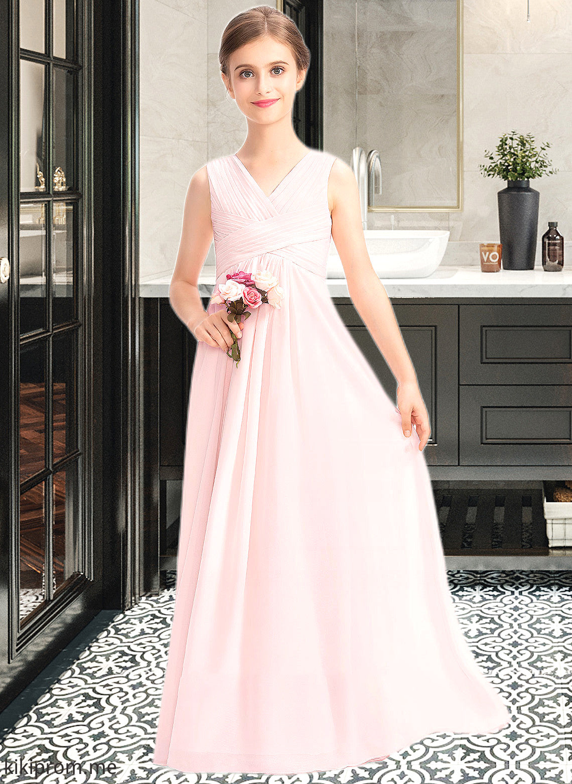 Kim A-Line V-neck Floor-Length Chiffon Junior Bridesmaid Dress With Ruffle STFP0013328