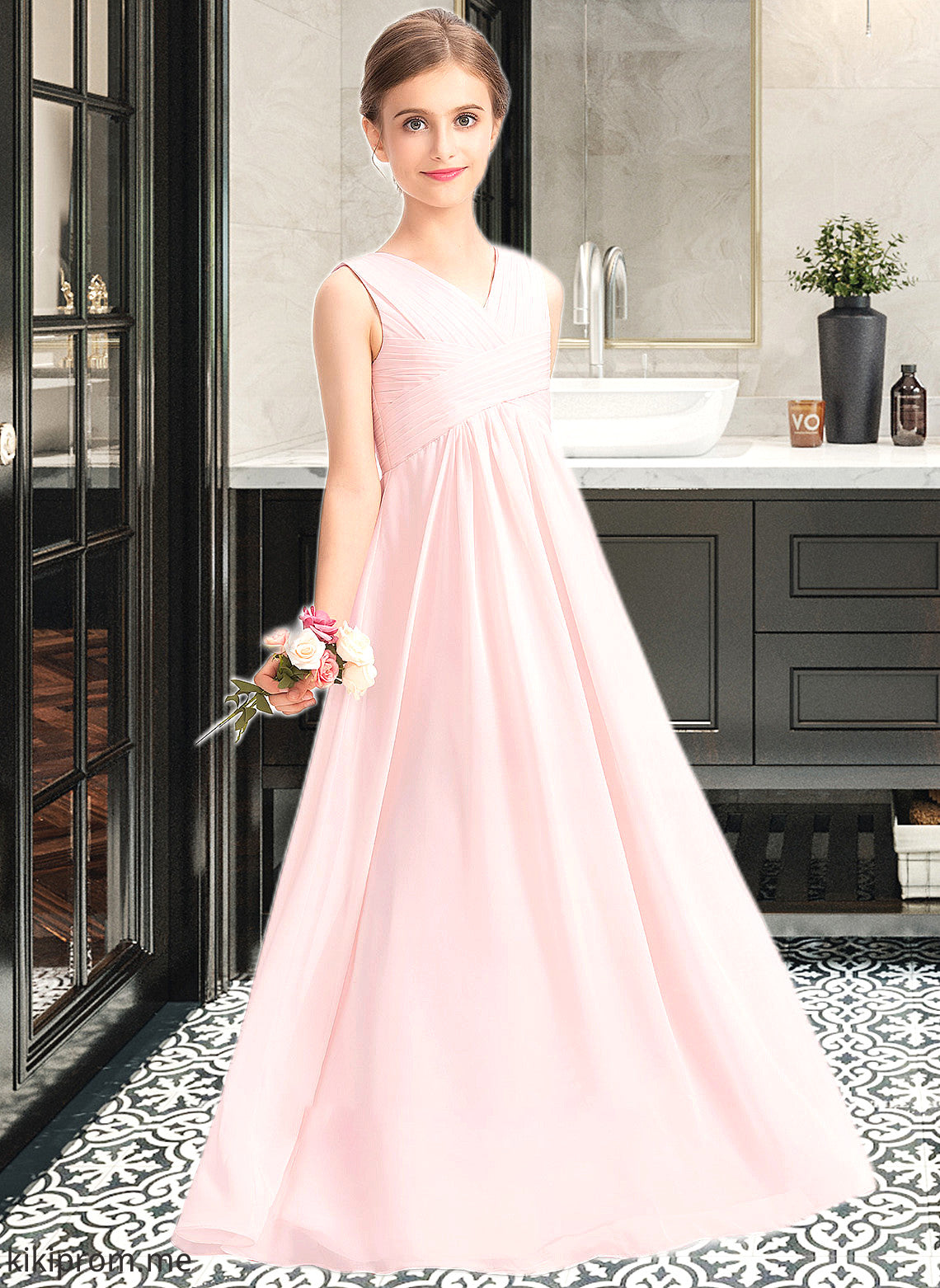 Kim A-Line V-neck Floor-Length Chiffon Junior Bridesmaid Dress With Ruffle STFP0013328