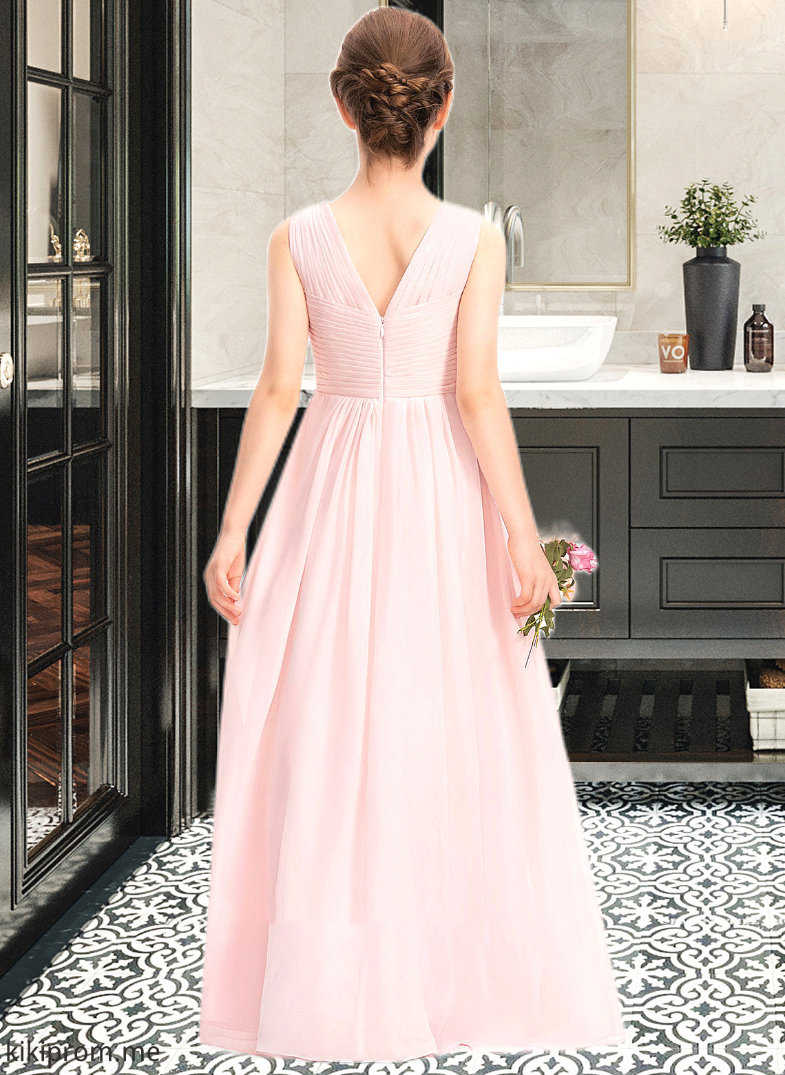 Kim A-Line V-neck Floor-Length Chiffon Junior Bridesmaid Dress With Ruffle STFP0013328