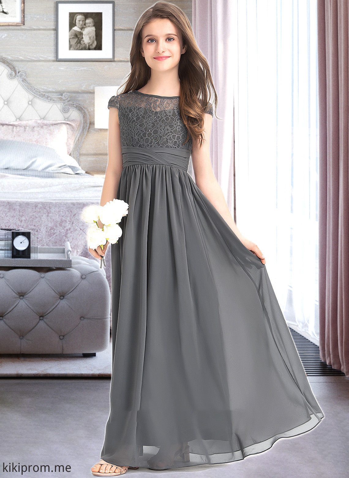 Deja A-Line Scoop Neck Floor-Length Chiffon Lace Junior Bridesmaid Dress With Ruffle STFP0013331