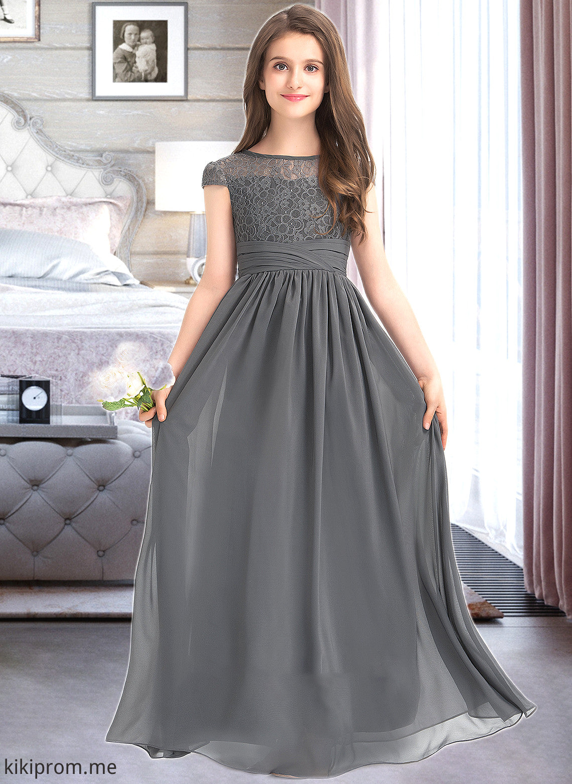 Deja A-Line Scoop Neck Floor-Length Chiffon Lace Junior Bridesmaid Dress With Ruffle STFP0013331