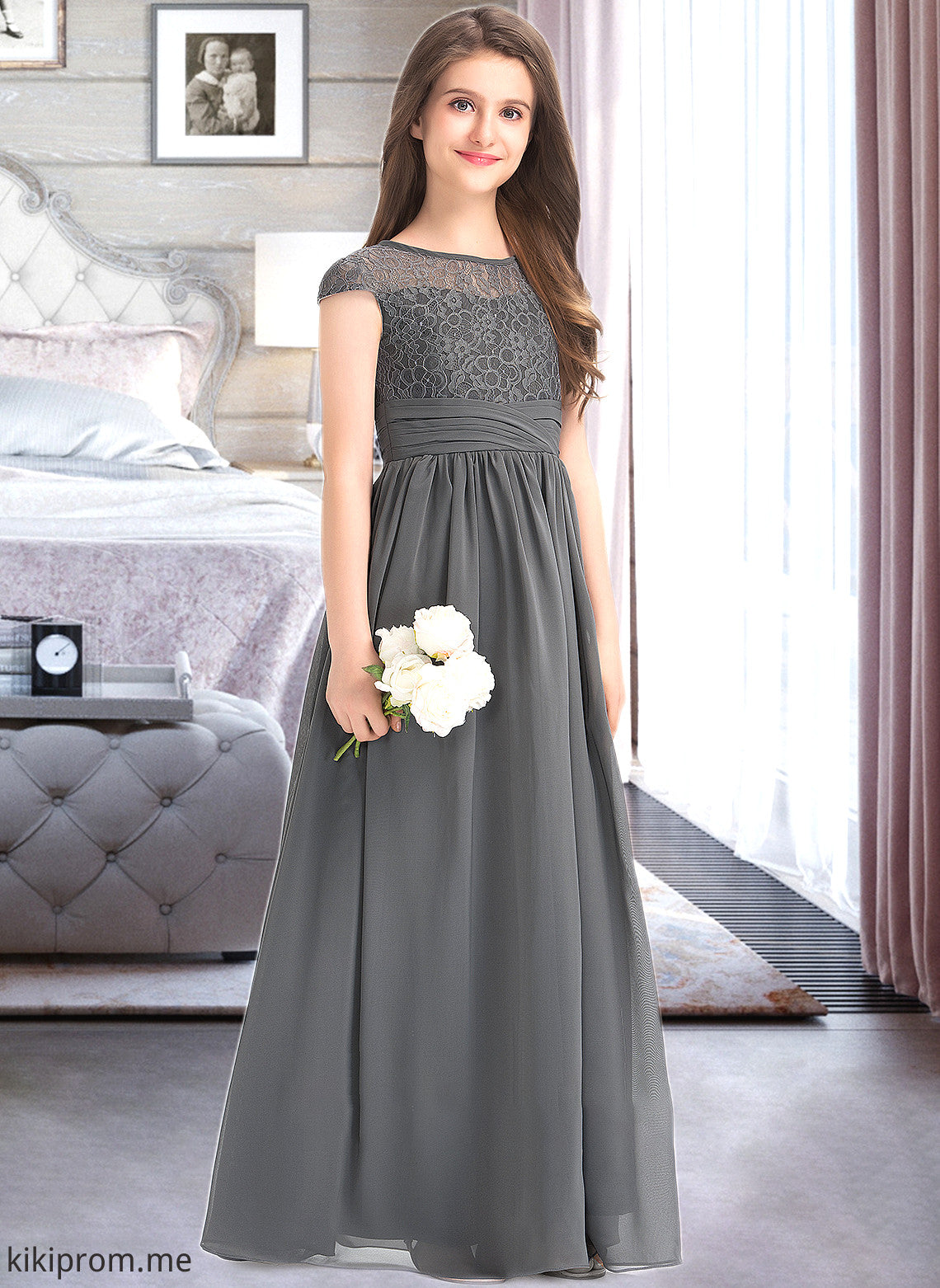 Deja A-Line Scoop Neck Floor-Length Chiffon Lace Junior Bridesmaid Dress With Ruffle STFP0013331