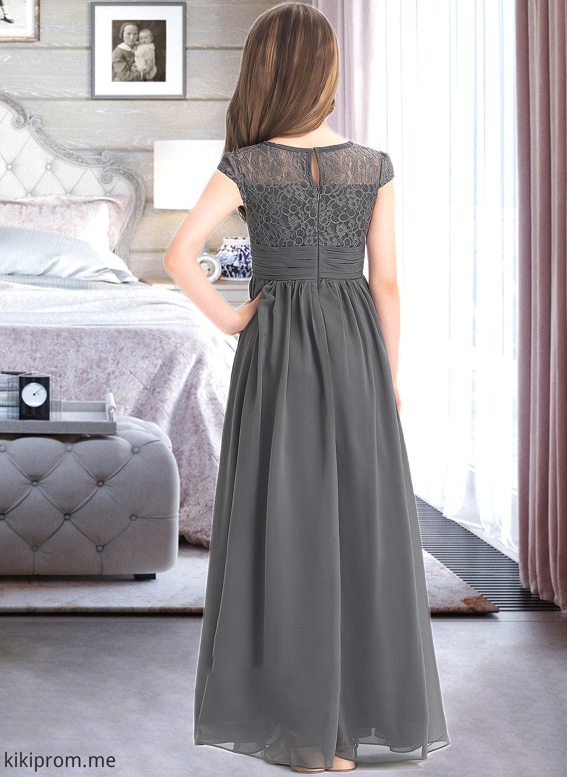 Deja A-Line Scoop Neck Floor-Length Chiffon Lace Junior Bridesmaid Dress With Ruffle STFP0013331