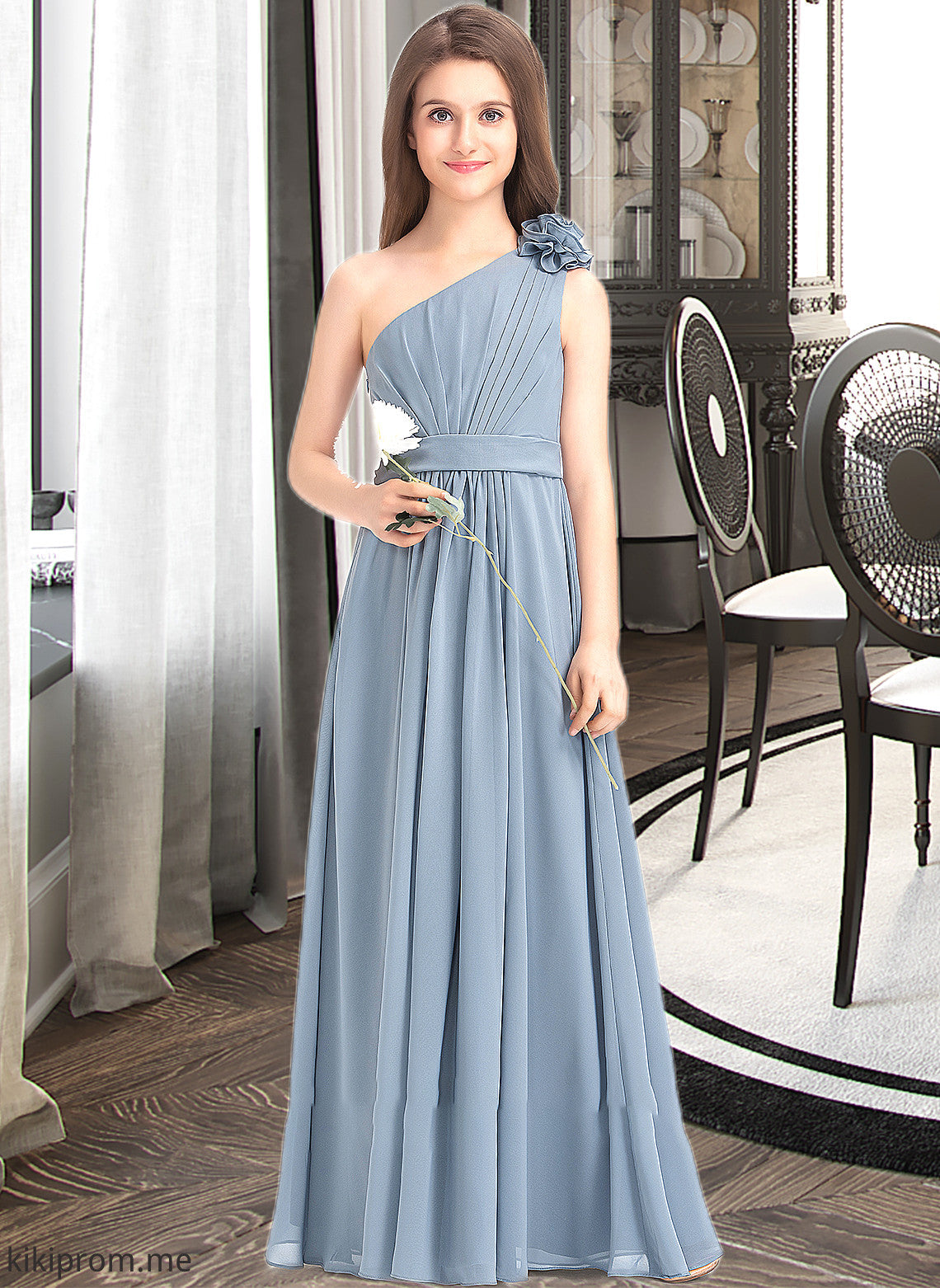 Jacey A-Line One-Shoulder Floor-Length Chiffon Junior Bridesmaid Dress With Ruffle Flower(s) STFP0013332