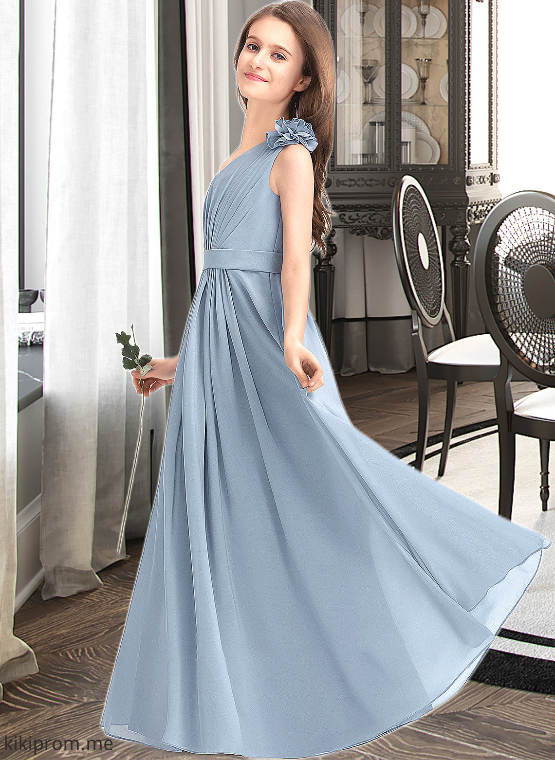 Jacey A-Line One-Shoulder Floor-Length Chiffon Junior Bridesmaid Dress With Ruffle Flower(s) STFP0013332