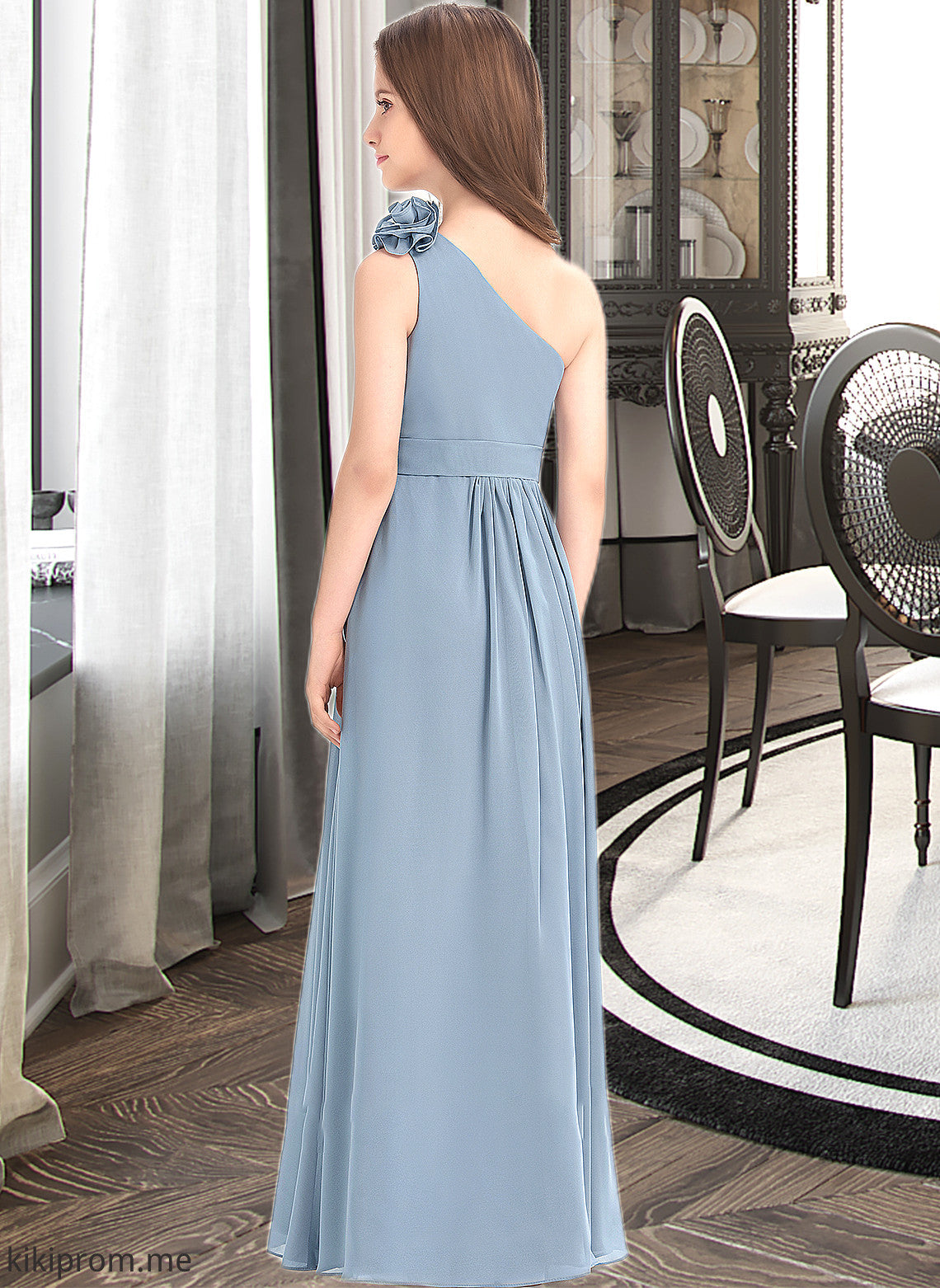 Jacey A-Line One-Shoulder Floor-Length Chiffon Junior Bridesmaid Dress With Ruffle Flower(s) STFP0013332