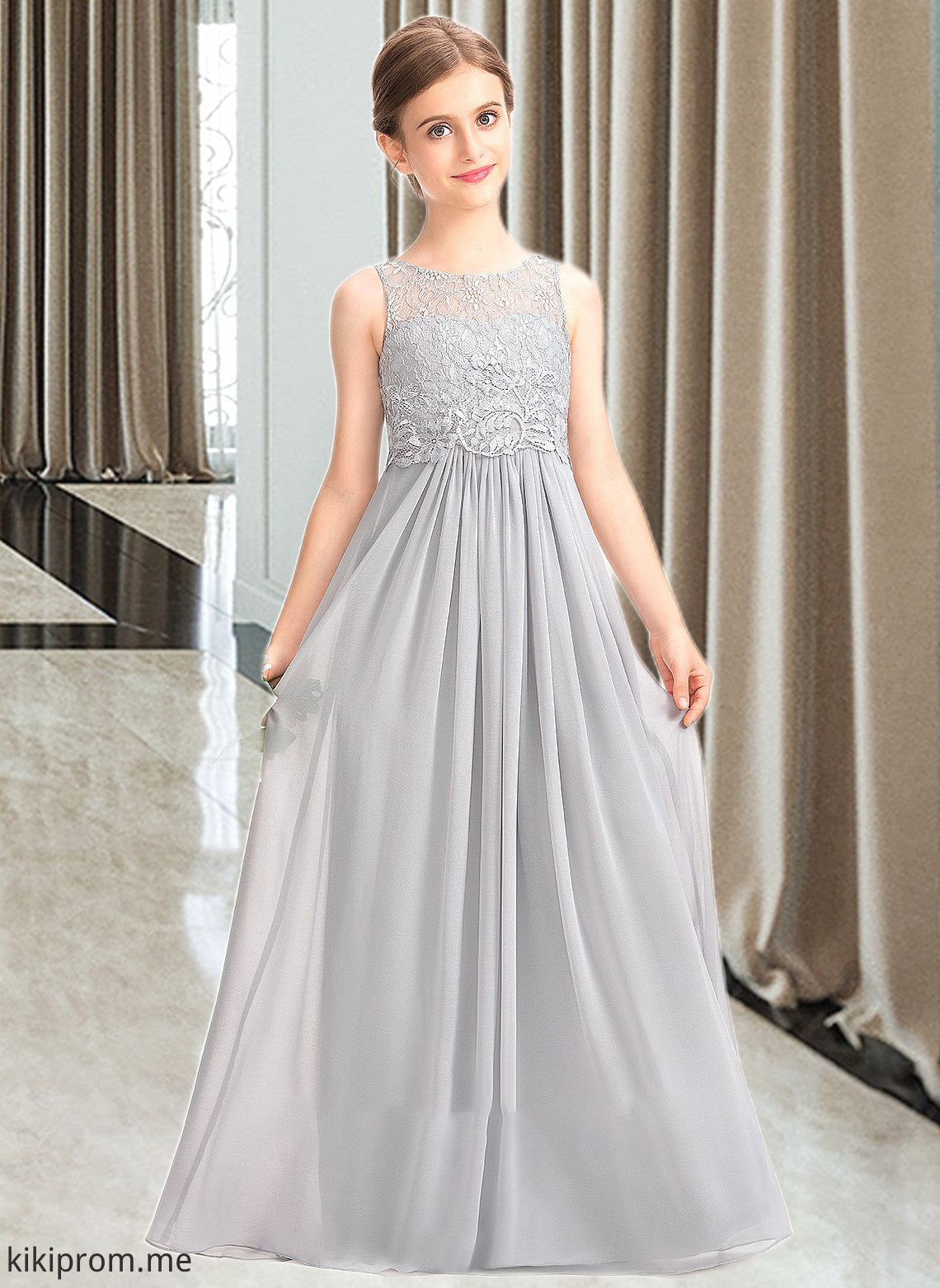 Amelia A-Line Scoop Neck Floor-Length Chiffon Lace Junior Bridesmaid Dress STFP0013333