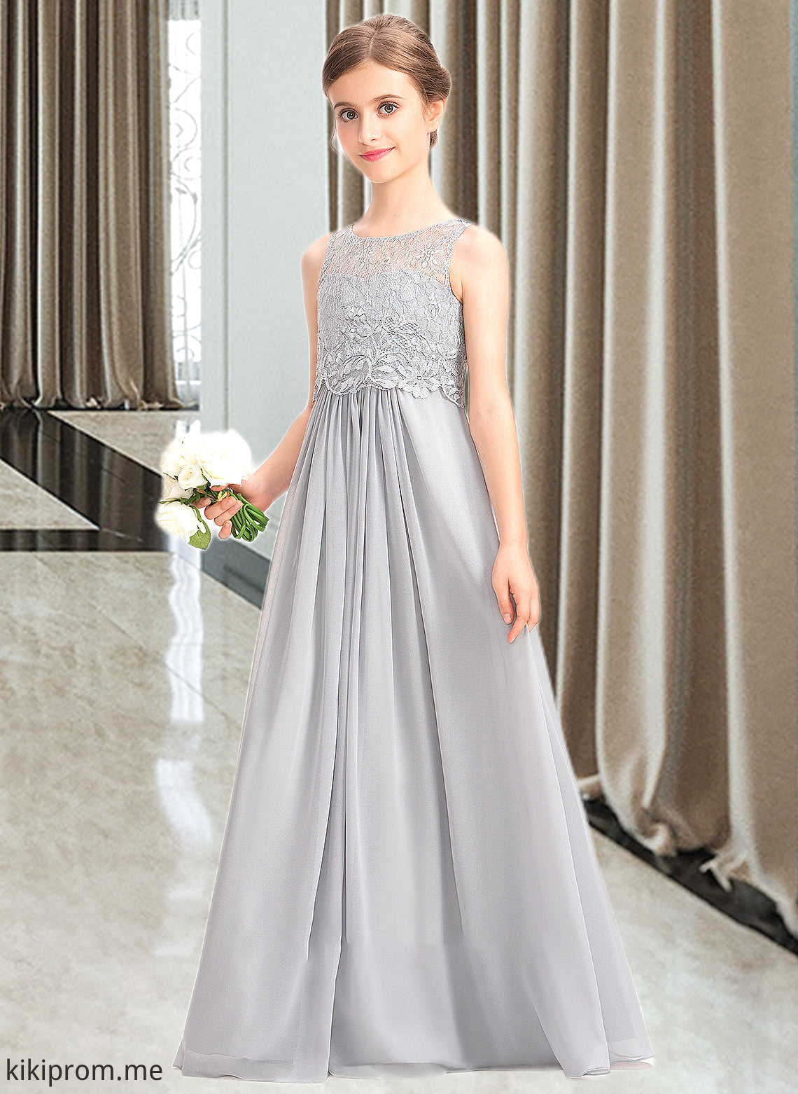 Amelia A-Line Scoop Neck Floor-Length Chiffon Lace Junior Bridesmaid Dress STFP0013333