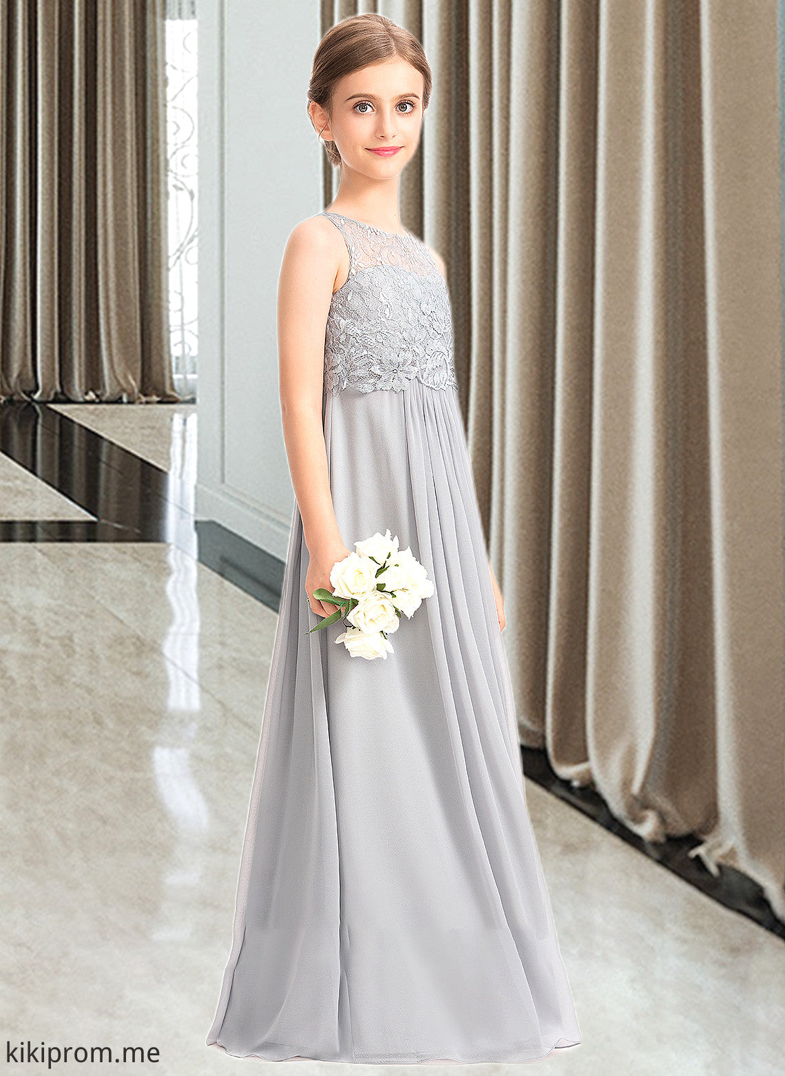 Amelia A-Line Scoop Neck Floor-Length Chiffon Lace Junior Bridesmaid Dress STFP0013333