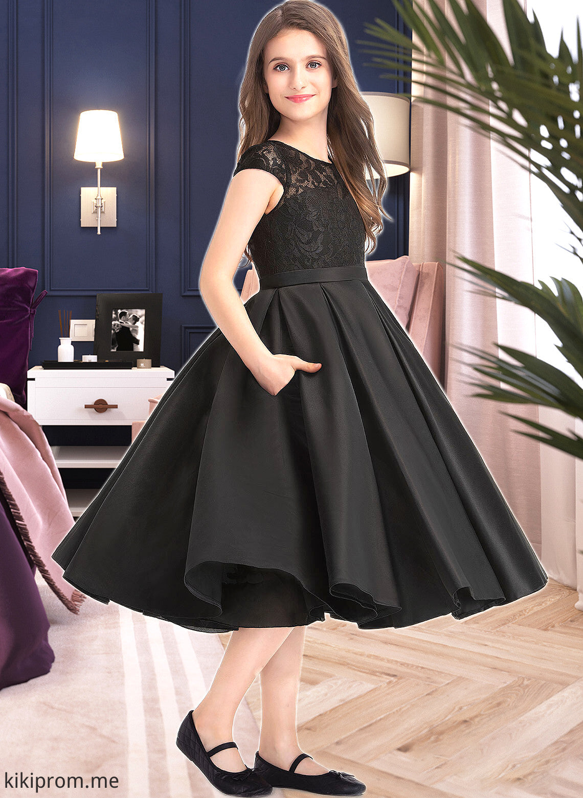 Madisyn A-Line Scoop Neck Knee-Length Satin Lace Junior Bridesmaid Dress With Pockets STFP0013335