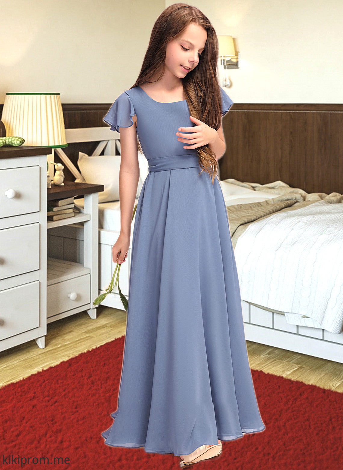 Teagan A-Line Scoop Neck Floor-Length Chiffon Junior Bridesmaid Dress With Bow(s) STFP0013337