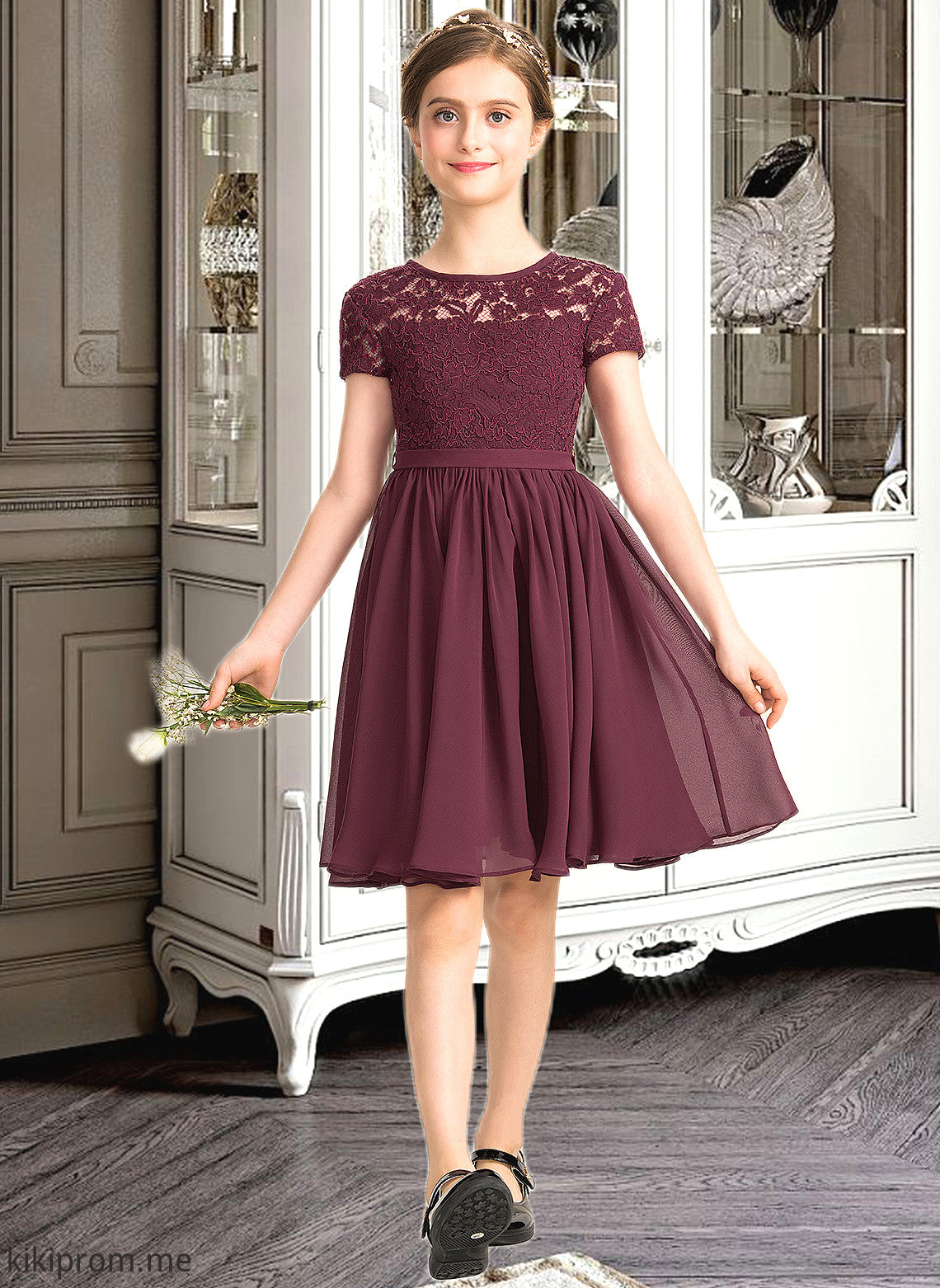 Danielle A-Line Scoop Neck Knee-Length Chiffon Lace Junior Bridesmaid Dress With Bow(s) STFP0013339