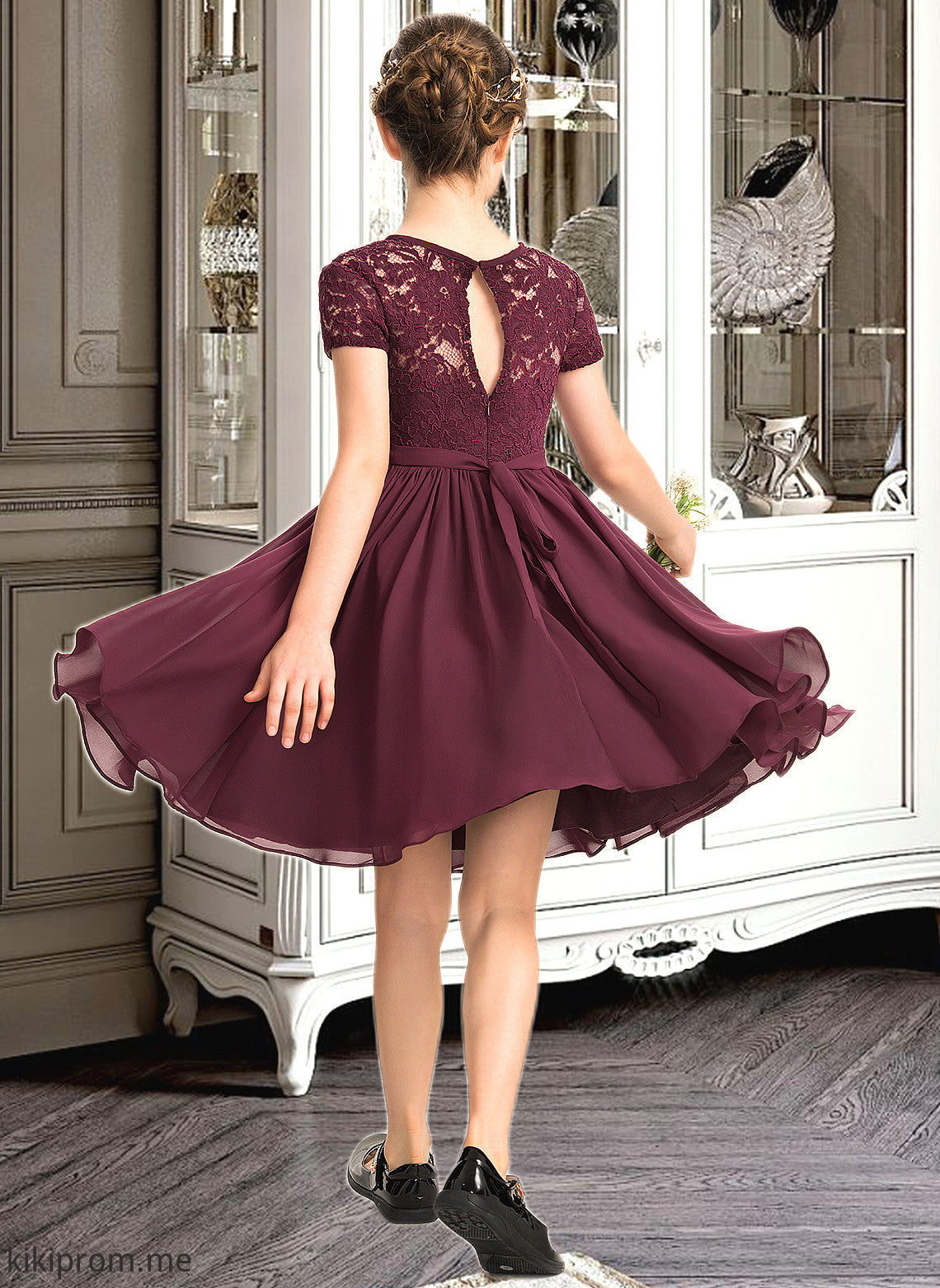 Danielle A-Line Scoop Neck Knee-Length Chiffon Lace Junior Bridesmaid Dress With Bow(s) STFP0013339