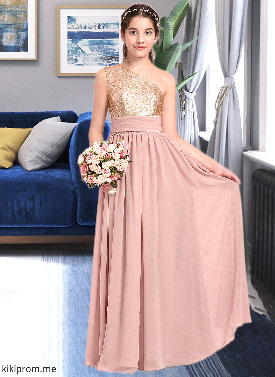 Haylie A-Line One-Shoulder Floor-Length Chiffon Junior Bridesmaid Dress With Ruffle STFP0013340