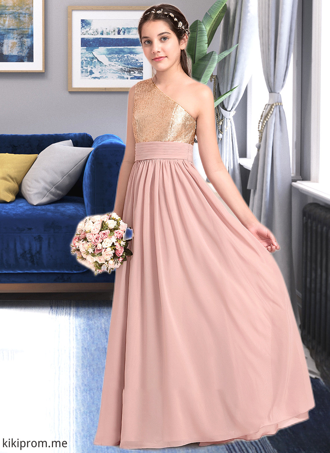 Haylie A-Line One-Shoulder Floor-Length Chiffon Junior Bridesmaid Dress With Ruffle STFP0013340