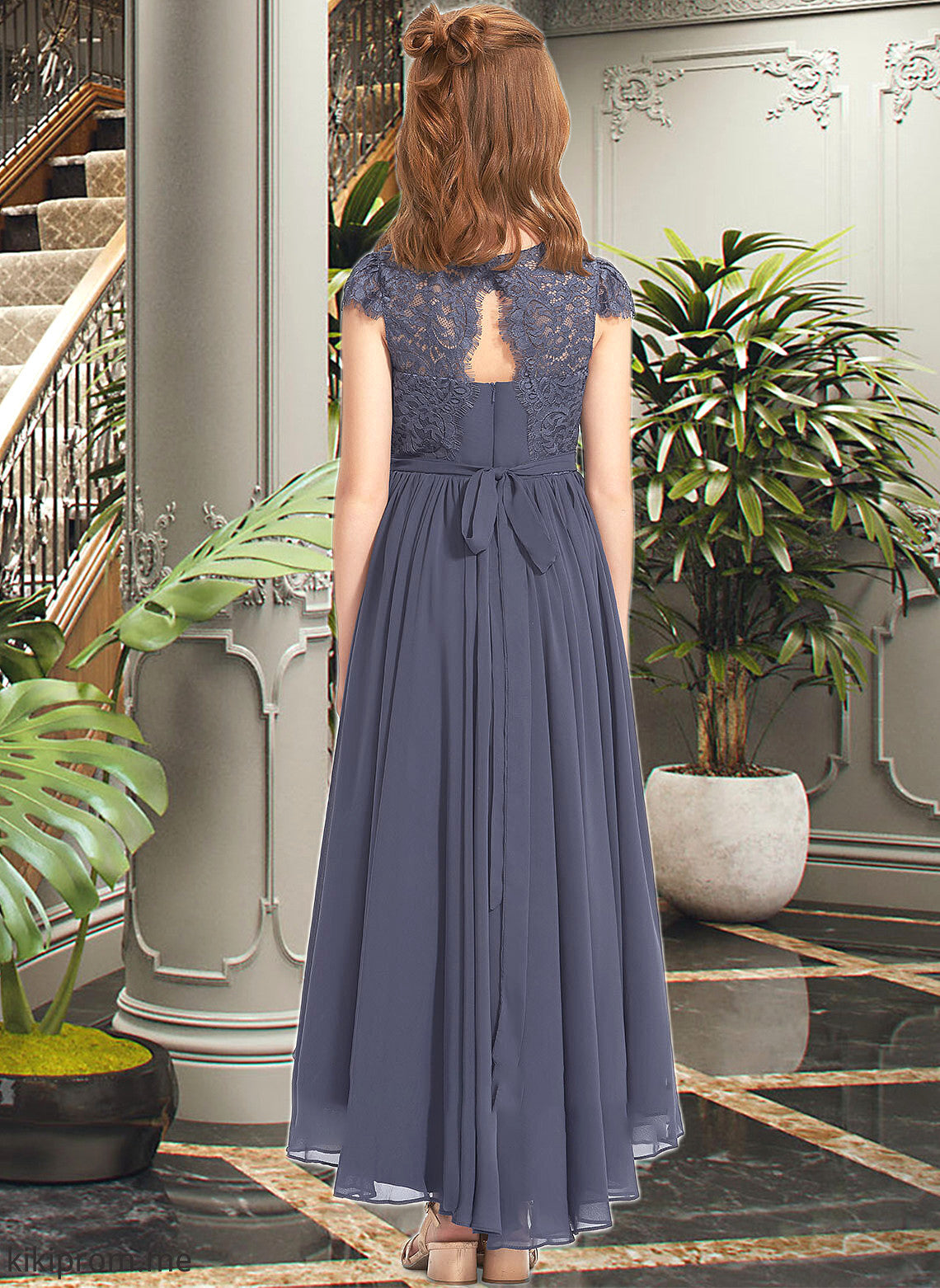 Lainey A-Line Scoop Neck Asymmetrical Chiffon Lace Junior Bridesmaid Dress STFP0013341