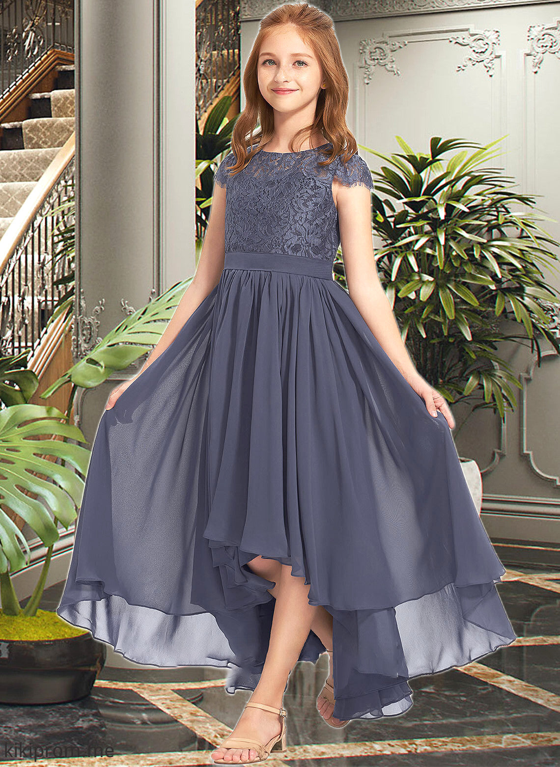 Lainey A-Line Scoop Neck Asymmetrical Chiffon Lace Junior Bridesmaid Dress STFP0013341