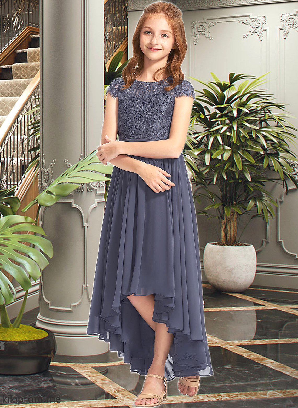 Lainey A-Line Scoop Neck Asymmetrical Chiffon Lace Junior Bridesmaid Dress STFP0013341