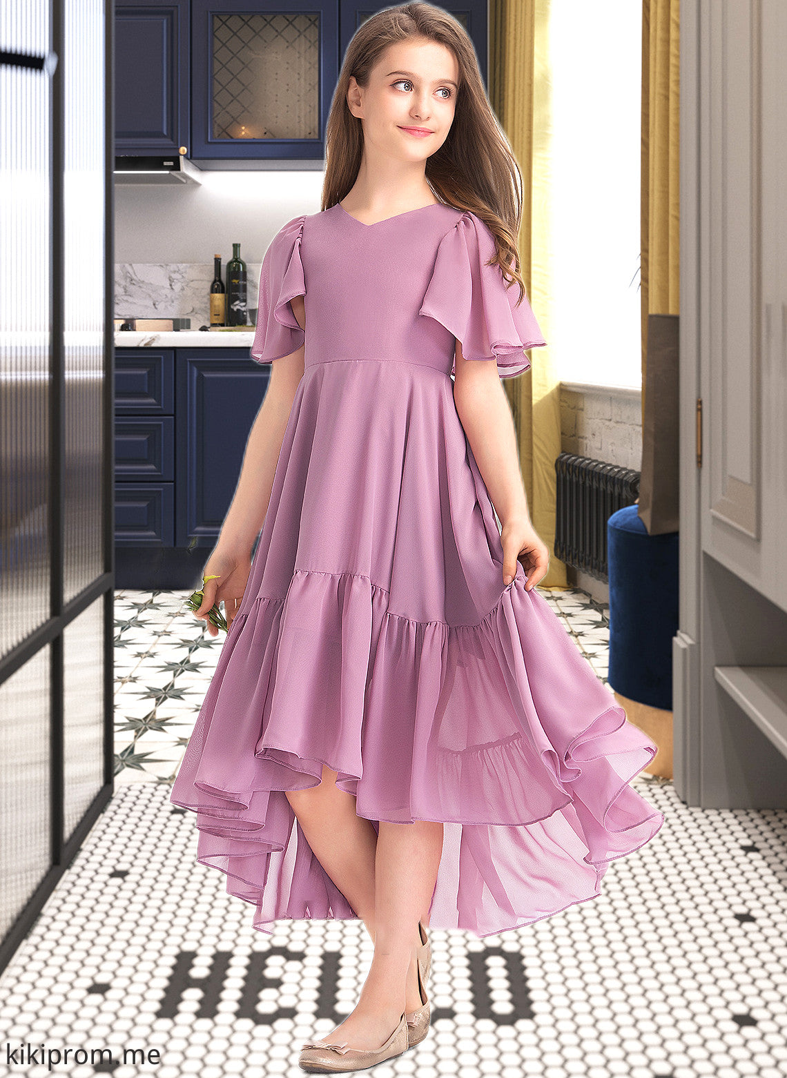 Mabel A-Line V-neck Asymmetrical Chiffon Junior Bridesmaid Dress With Cascading Ruffles STFP0013342