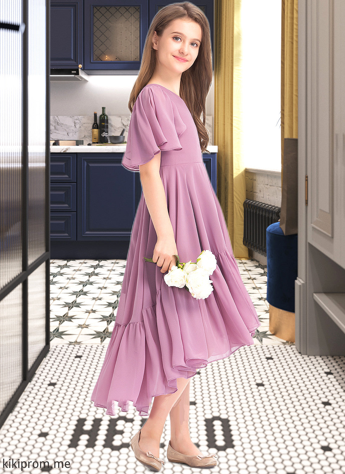 Mabel A-Line V-neck Asymmetrical Chiffon Junior Bridesmaid Dress With Cascading Ruffles STFP0013342