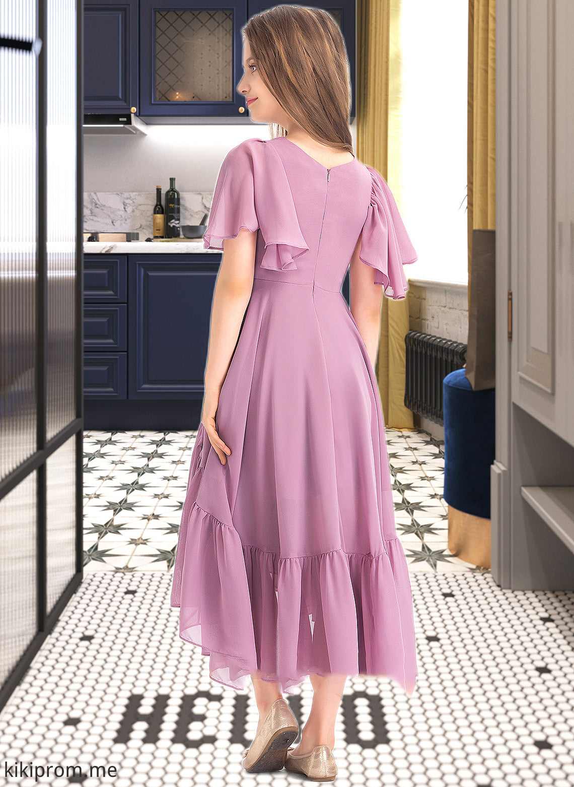 Mabel A-Line V-neck Asymmetrical Chiffon Junior Bridesmaid Dress With Cascading Ruffles STFP0013342