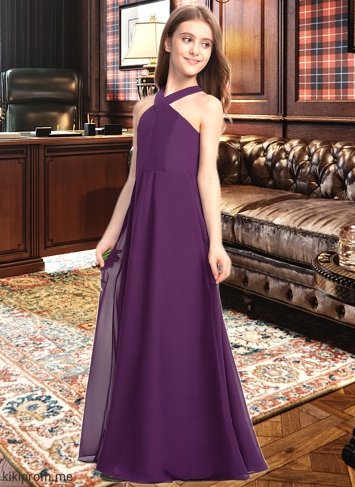 Morgan A-Line V-neck Floor-Length Chiffon Junior Bridesmaid Dress STFP0013346