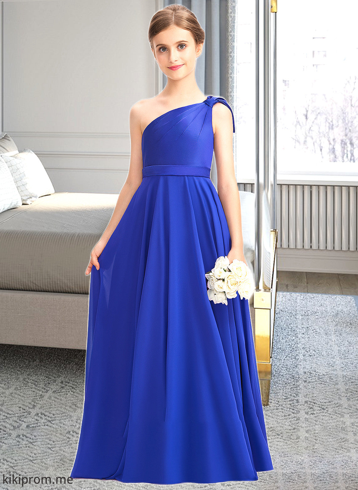 Rosie A-Line One-Shoulder Floor-Length Chiffon Charmeuse Junior Bridesmaid Dress With Ruffle STFP0013347