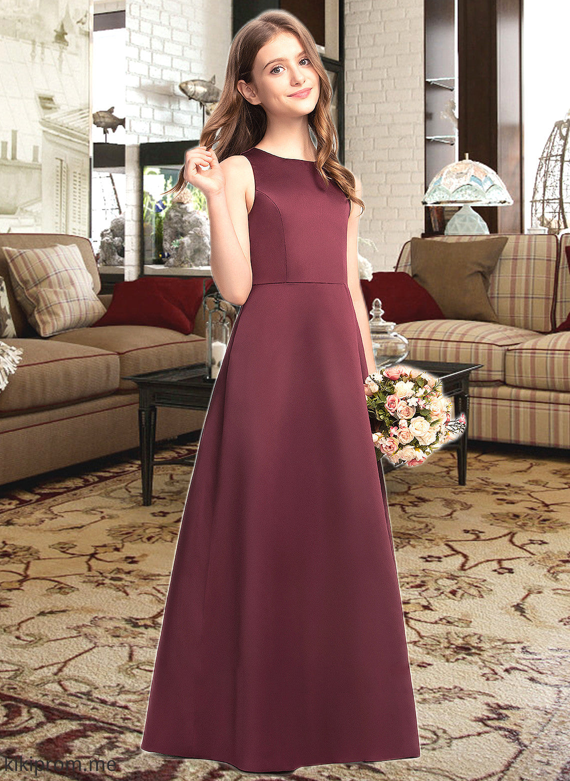 Alyson A-Line Scoop Neck Floor-Length Satin Junior Bridesmaid Dress STFP0013348