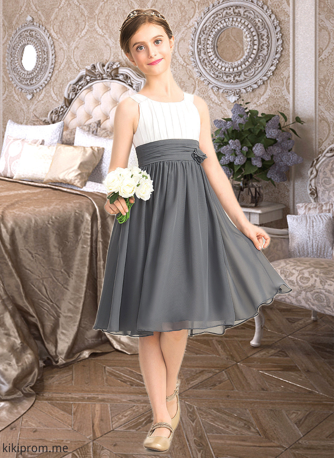 Miranda A-Line Scoop Neck Knee-Length Chiffon Junior Bridesmaid Dress With Ruffle Flower(s) STFP0013350