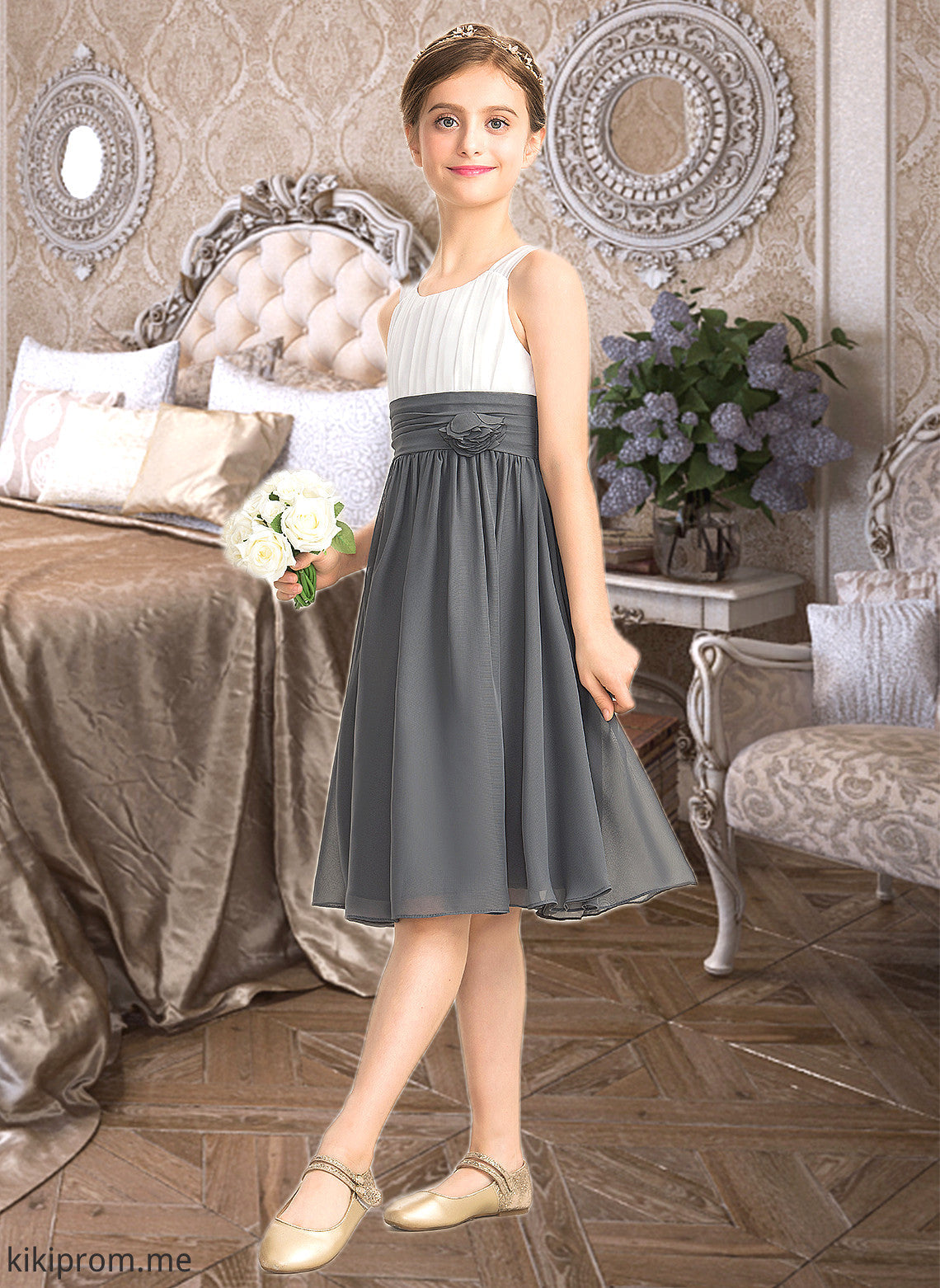 Miranda A-Line Scoop Neck Knee-Length Chiffon Junior Bridesmaid Dress With Ruffle Flower(s) STFP0013350