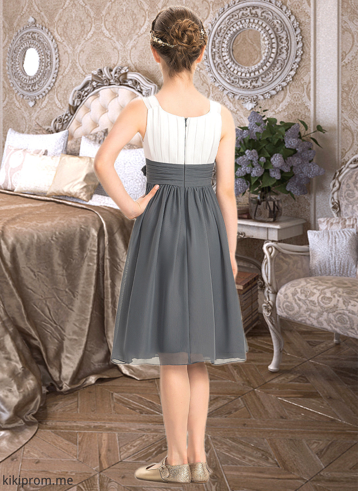 Miranda A-Line Scoop Neck Knee-Length Chiffon Junior Bridesmaid Dress With Ruffle Flower(s) STFP0013350