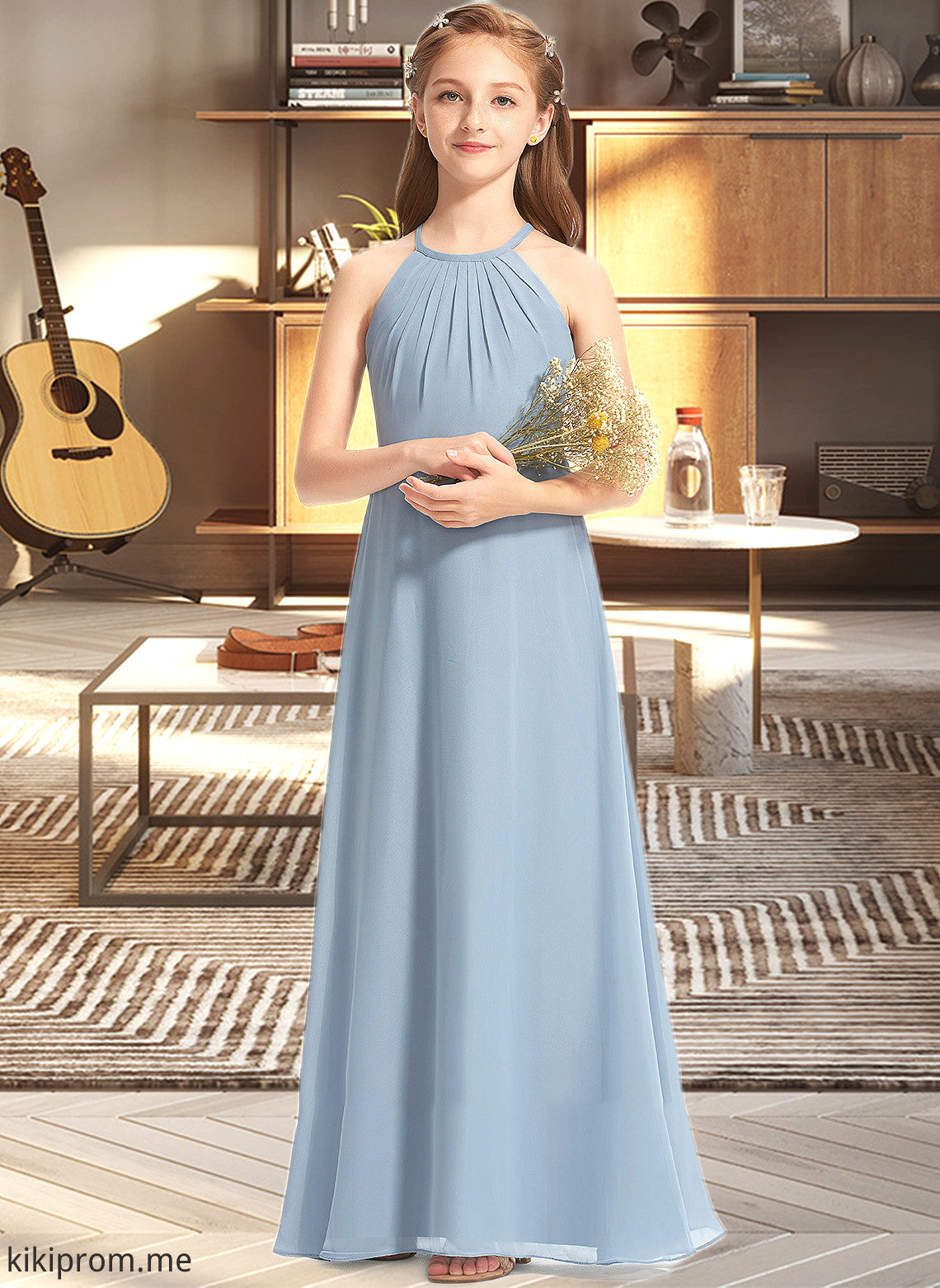 Izabelle A-Line Scoop Neck Floor-Length Chiffon Junior Bridesmaid Dress With Ruffle STFP0013353