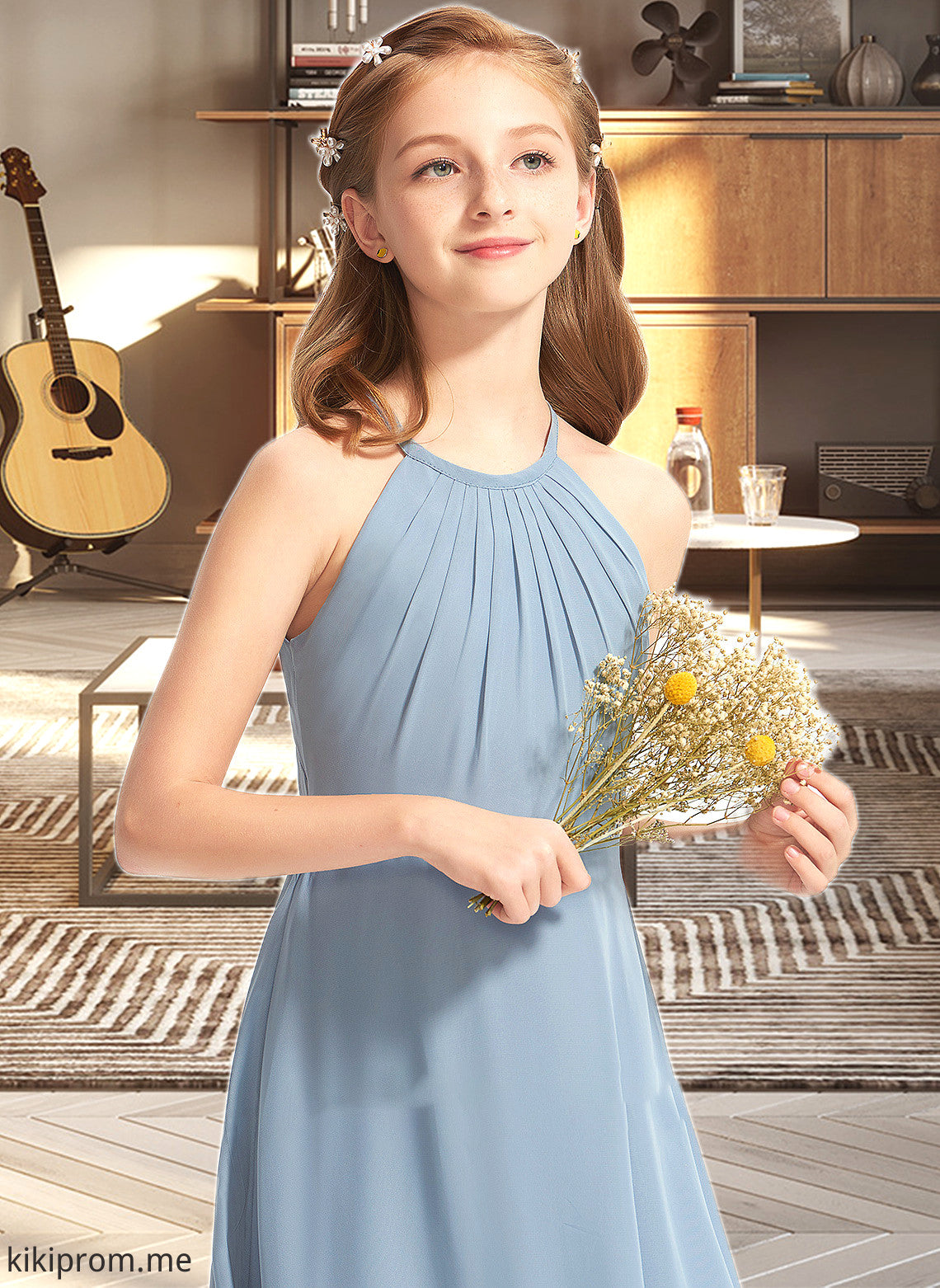 Izabelle A-Line Scoop Neck Floor-Length Chiffon Junior Bridesmaid Dress With Ruffle STFP0013353