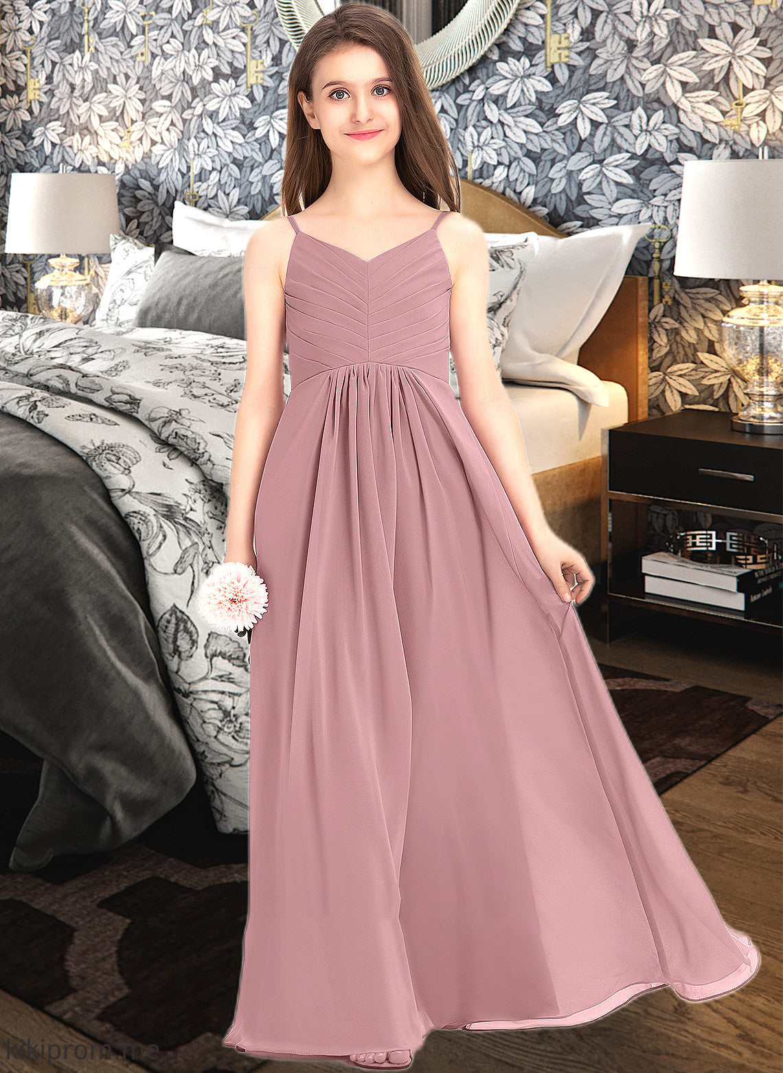 Adriana A-Line V-neck Floor-Length Chiffon Junior Bridesmaid Dress With Ruffle STFP0013354