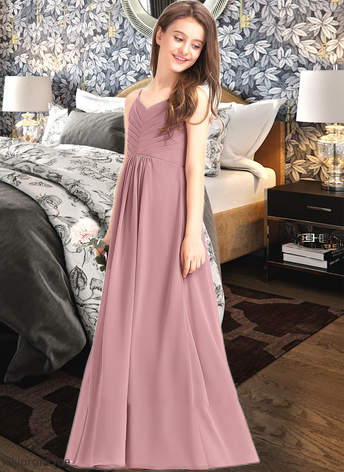 Adriana A-Line V-neck Floor-Length Chiffon Junior Bridesmaid Dress With Ruffle STFP0013354