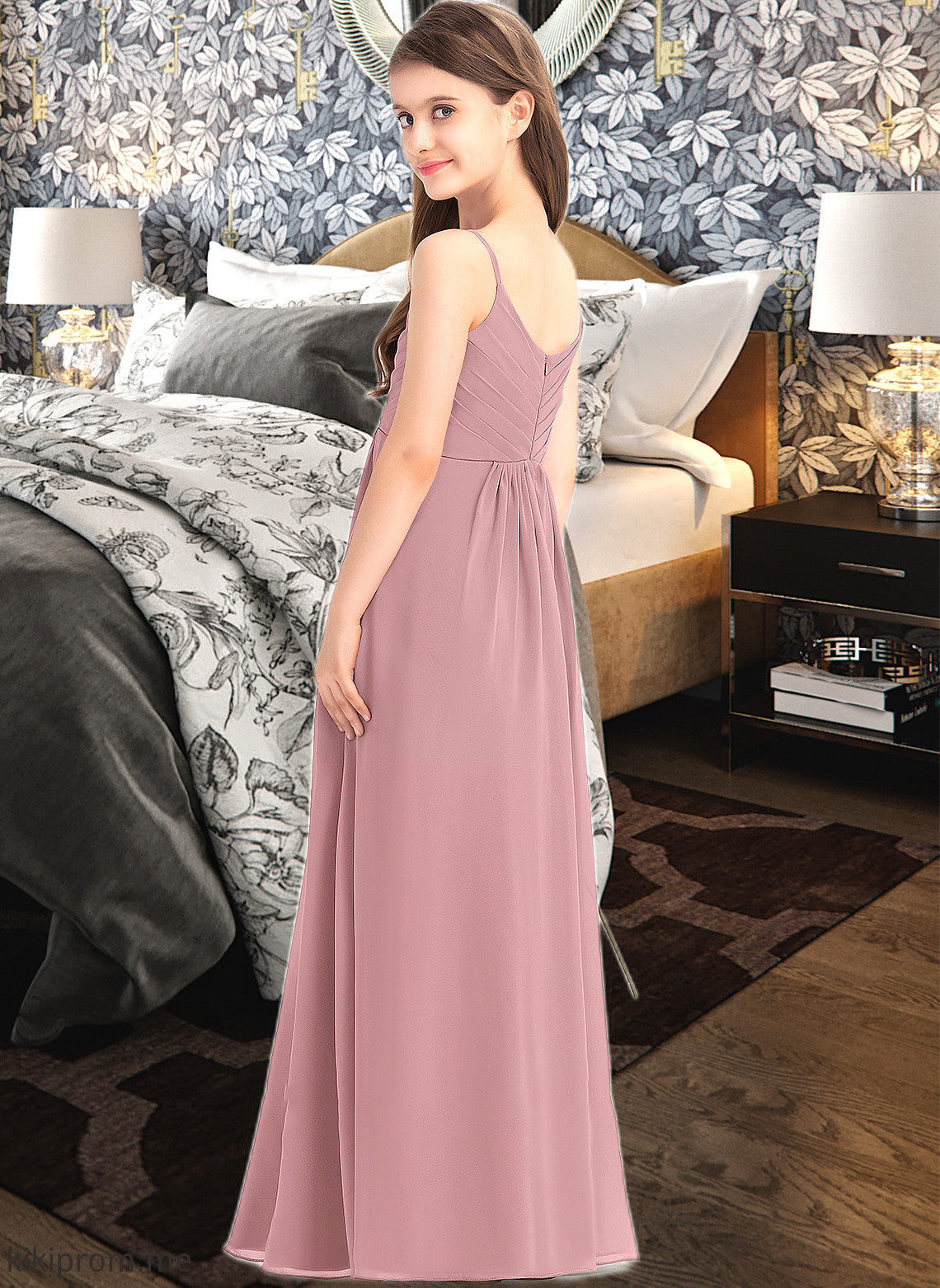 Adriana A-Line V-neck Floor-Length Chiffon Junior Bridesmaid Dress With Ruffle STFP0013354