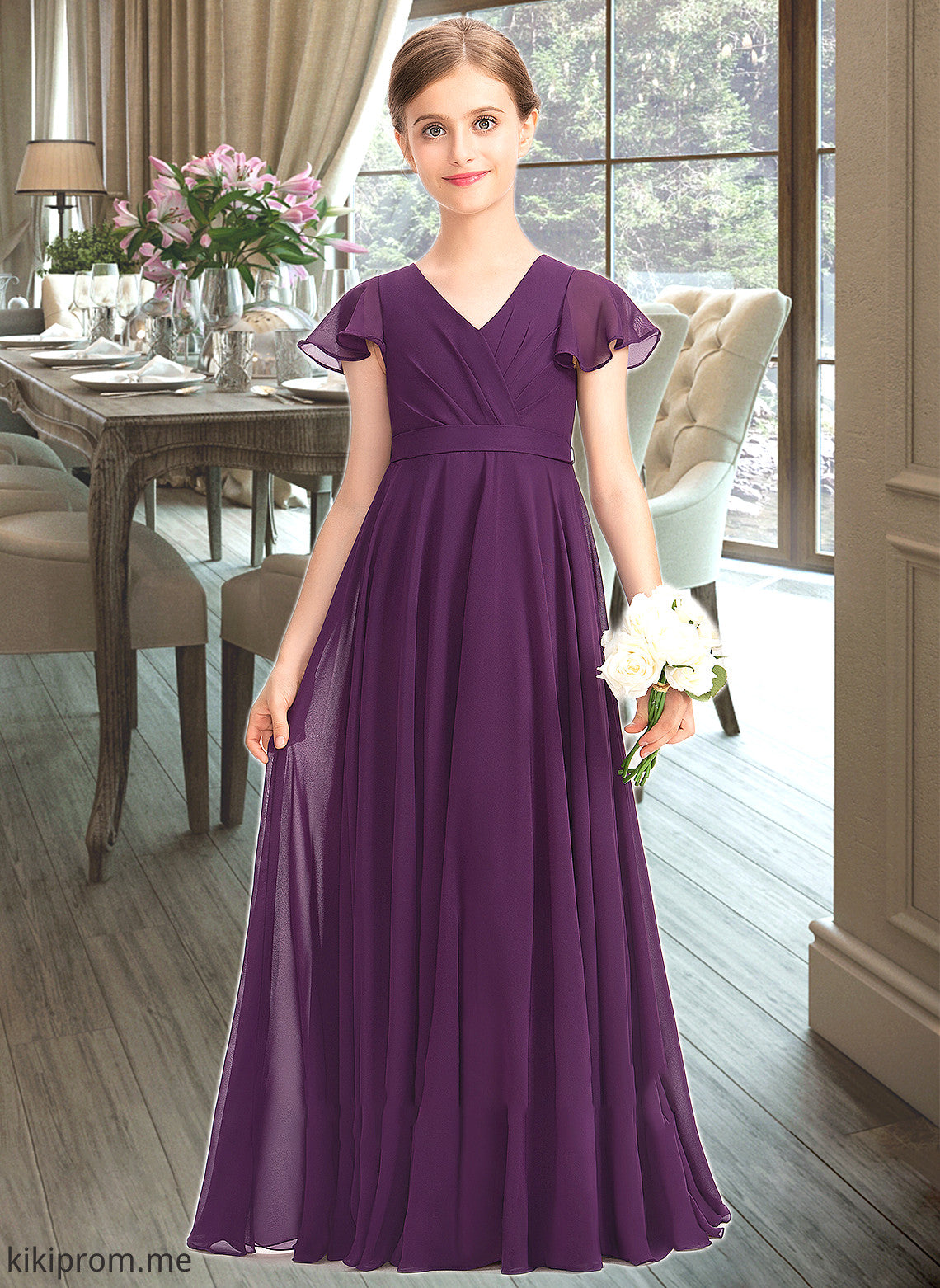 Addisyn A-Line V-neck Floor-Length Chiffon Junior Bridesmaid Dress With Bow(s) Cascading Ruffles STFP0013355