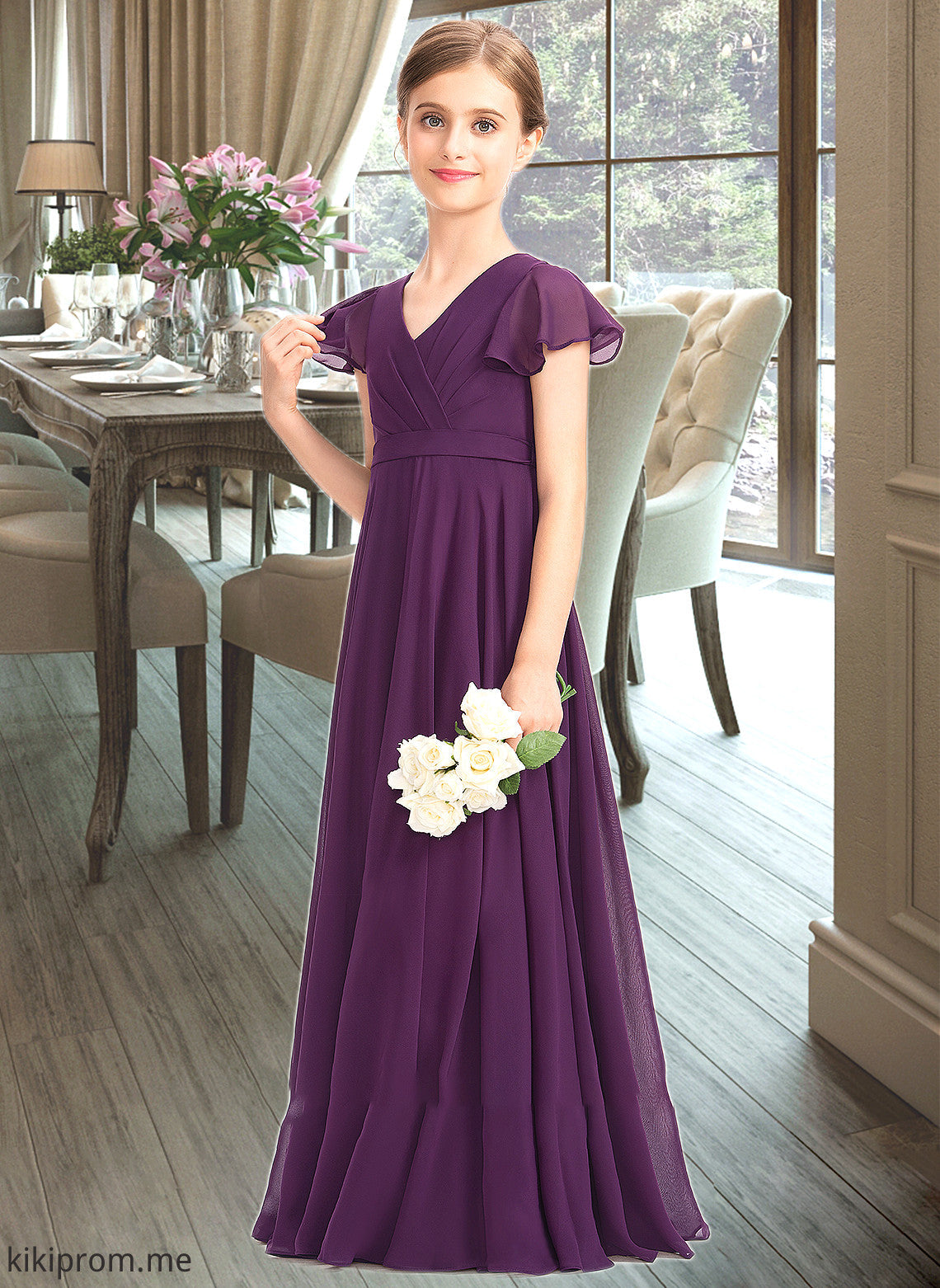 Addisyn A-Line V-neck Floor-Length Chiffon Junior Bridesmaid Dress With Bow(s) Cascading Ruffles STFP0013355