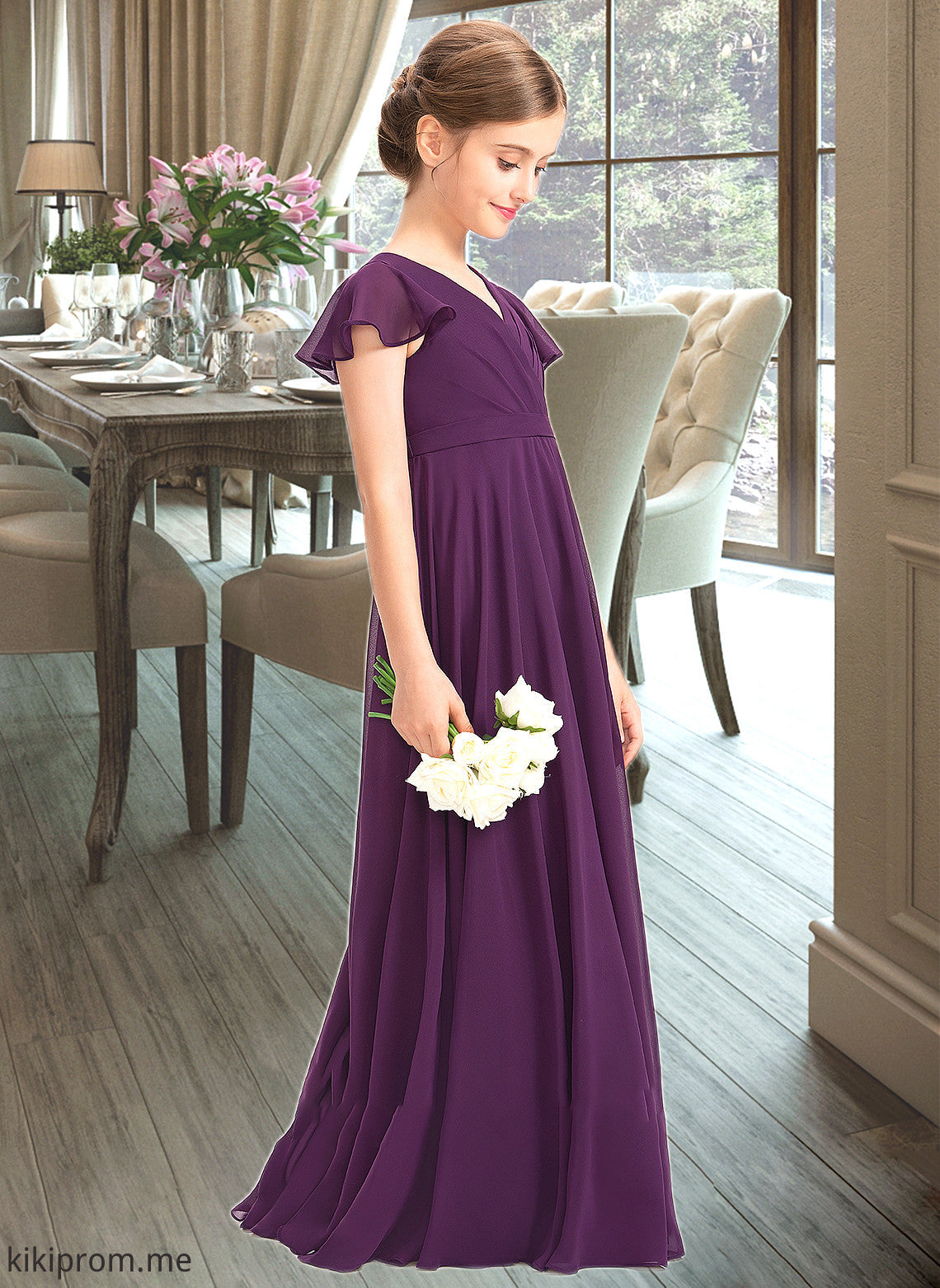 Addisyn A-Line V-neck Floor-Length Chiffon Junior Bridesmaid Dress With Bow(s) Cascading Ruffles STFP0013355