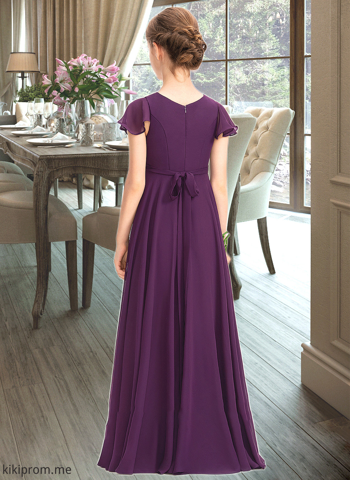 Addisyn A-Line V-neck Floor-Length Chiffon Junior Bridesmaid Dress With Bow(s) Cascading Ruffles STFP0013355