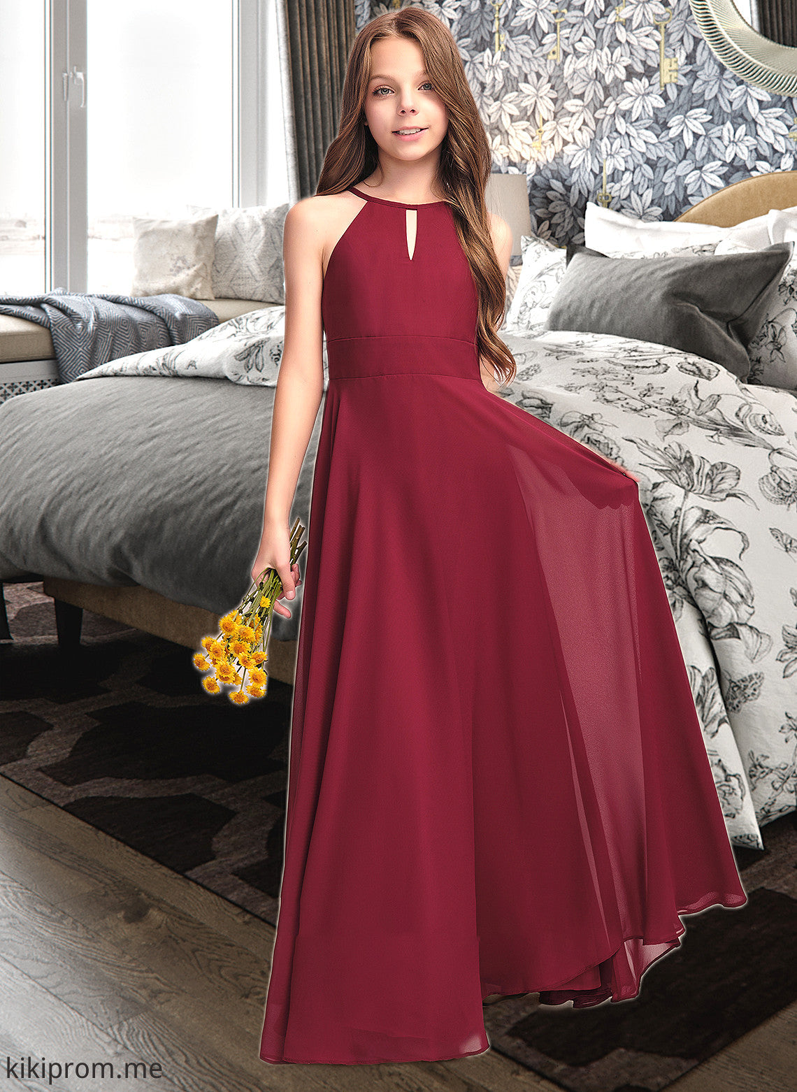 Maryjane A-Line Scoop Neck Floor-Length Chiffon Junior Bridesmaid Dress STFP0013357