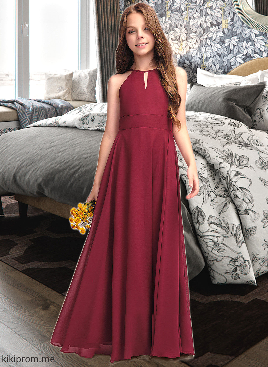 Maryjane A-Line Scoop Neck Floor-Length Chiffon Junior Bridesmaid Dress STFP0013357