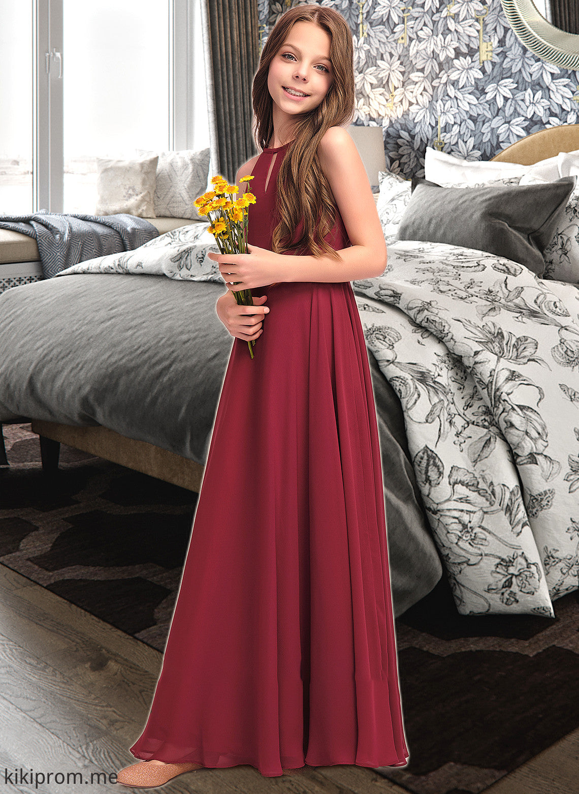 Maryjane A-Line Scoop Neck Floor-Length Chiffon Junior Bridesmaid Dress STFP0013357