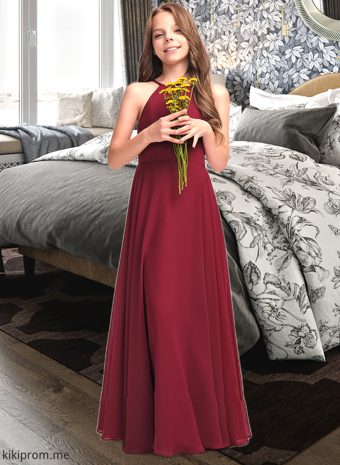 Maryjane A-Line Scoop Neck Floor-Length Chiffon Junior Bridesmaid Dress STFP0013357