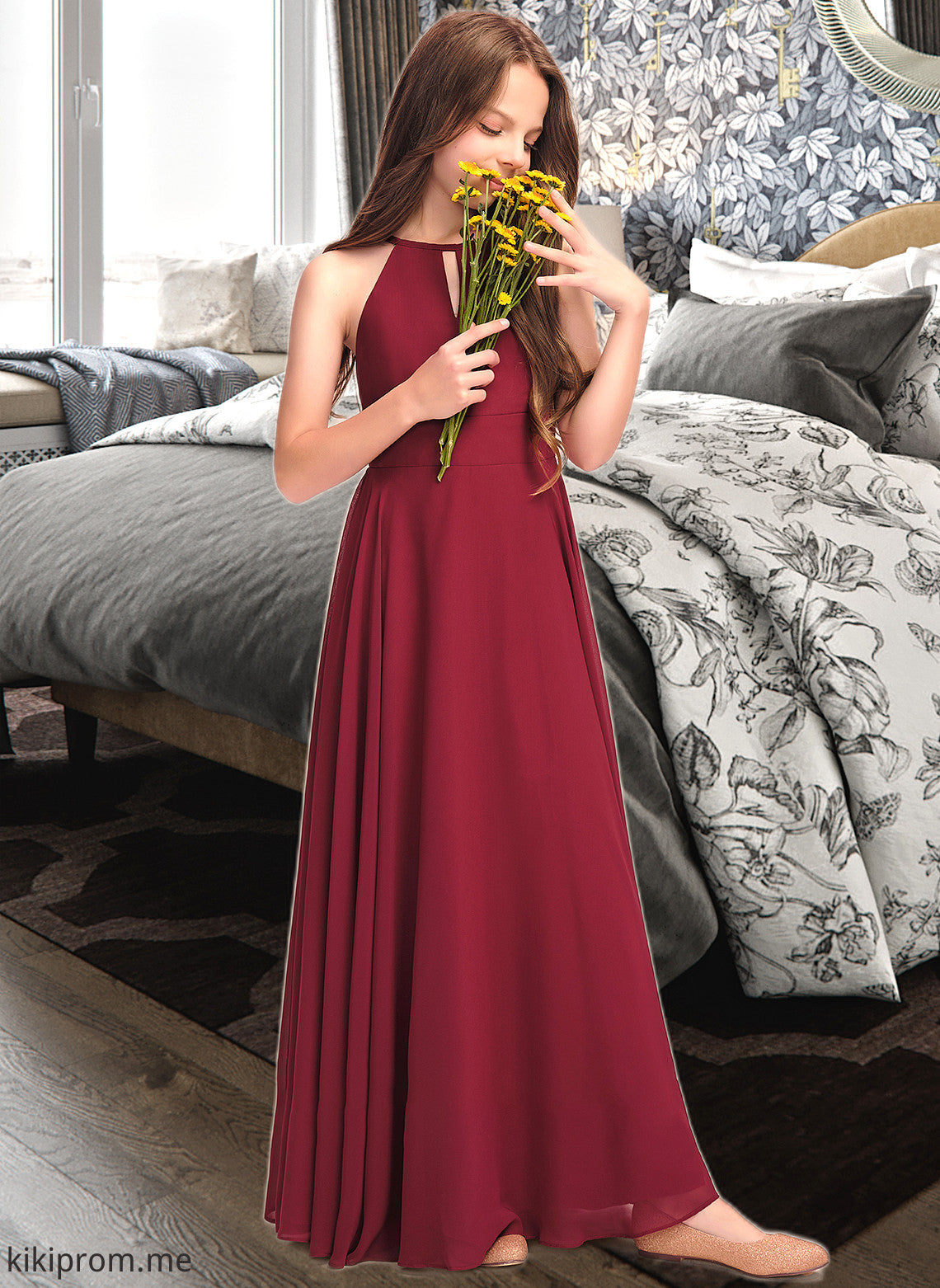 Maryjane A-Line Scoop Neck Floor-Length Chiffon Junior Bridesmaid Dress STFP0013357